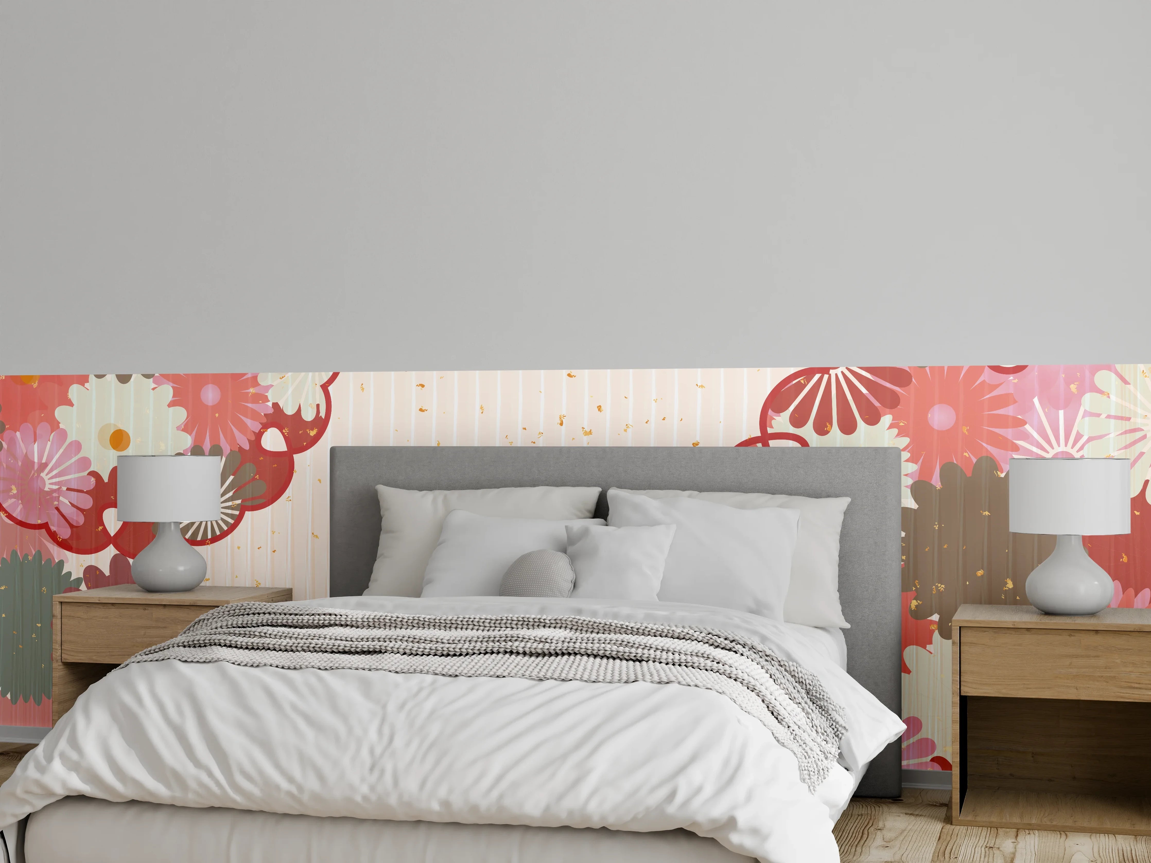 Wandverkleidung Schlafzimmer - Floral Blumenmuster Beige Rot