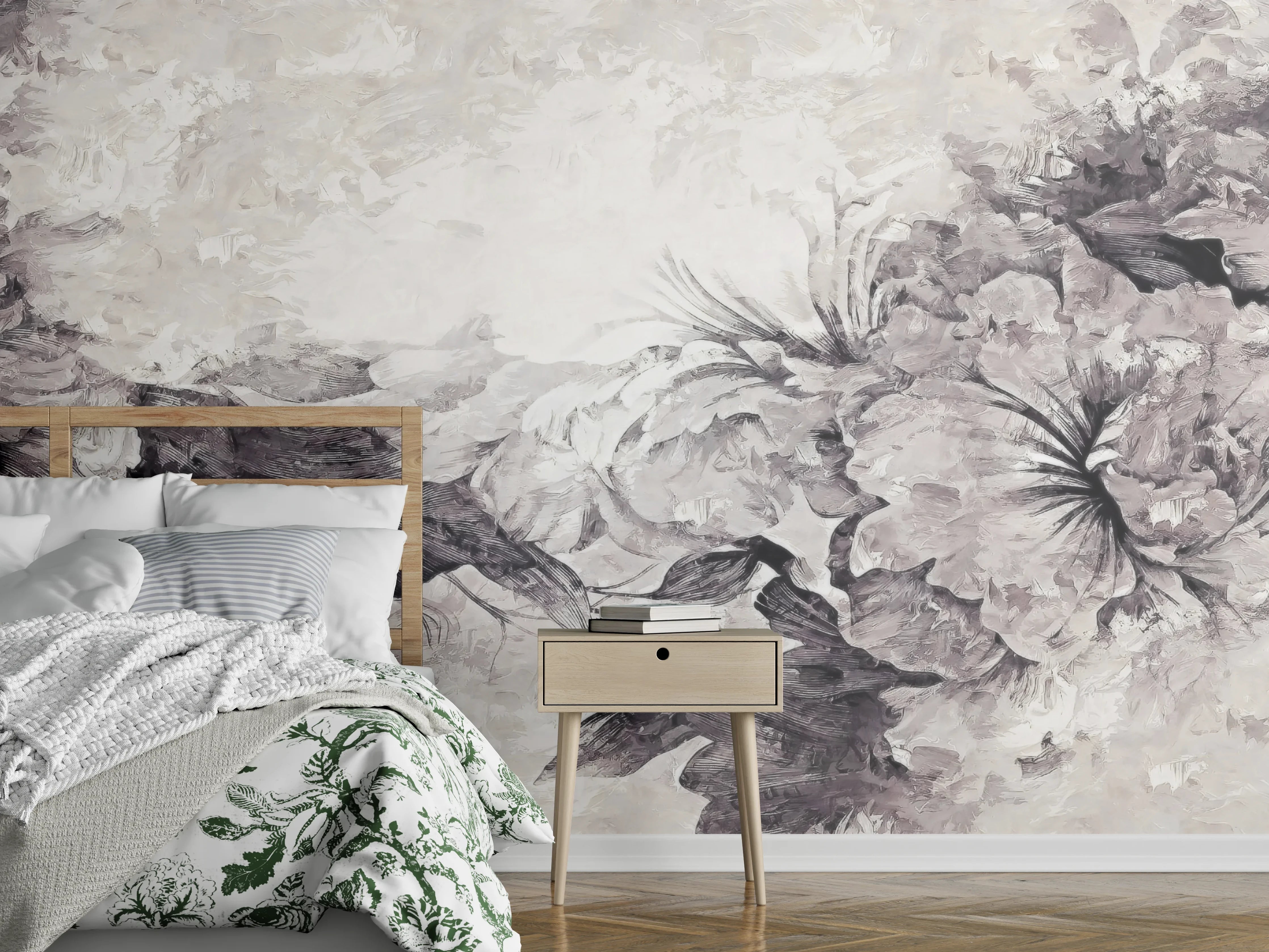 Wandverkleidung Schlafzimmer - Floral Grau Abstrakte Textur