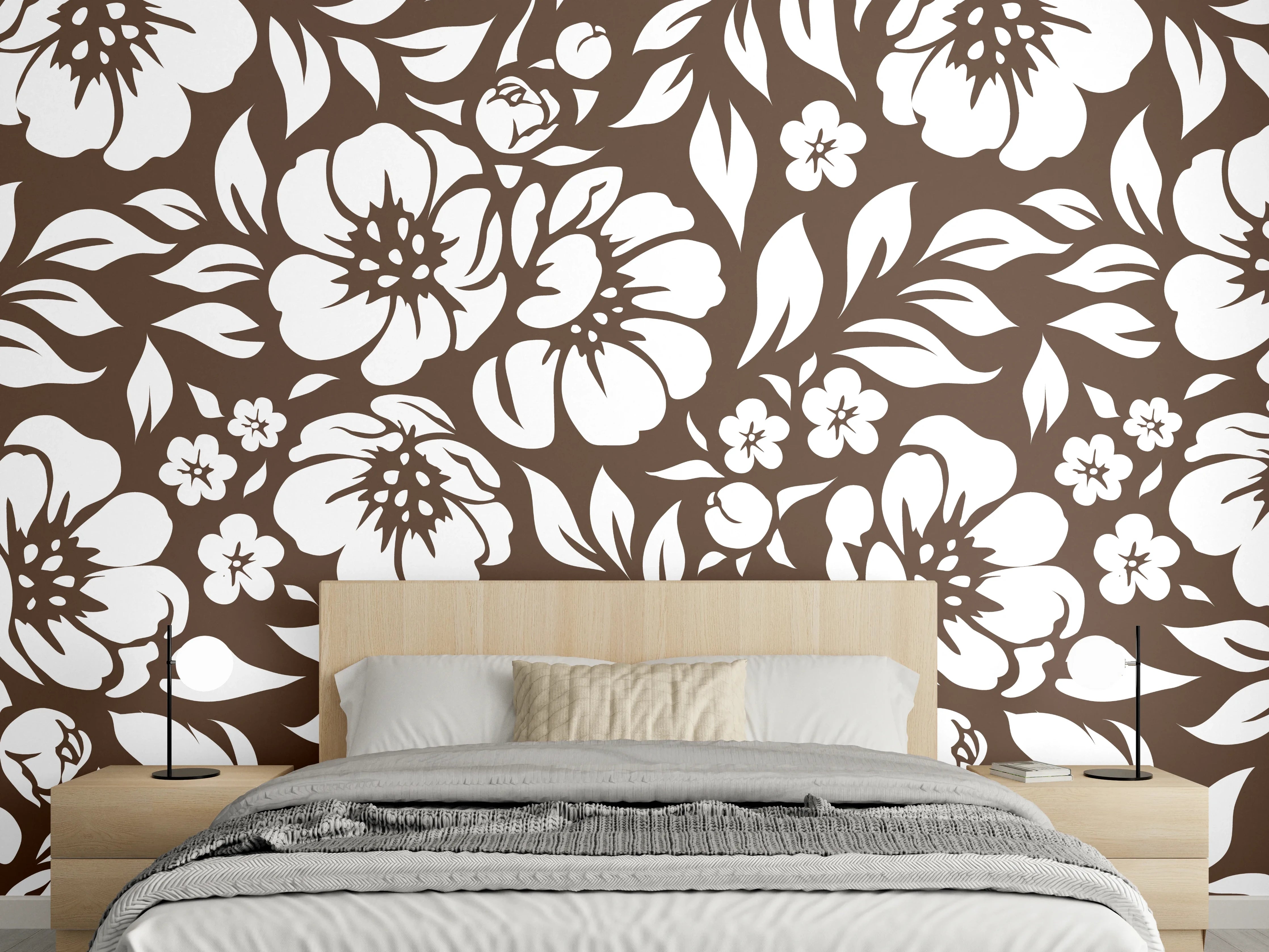 Wandverkleidung Schlafzimmer - Florale Graubraun-Tapete mit Weißakzenten