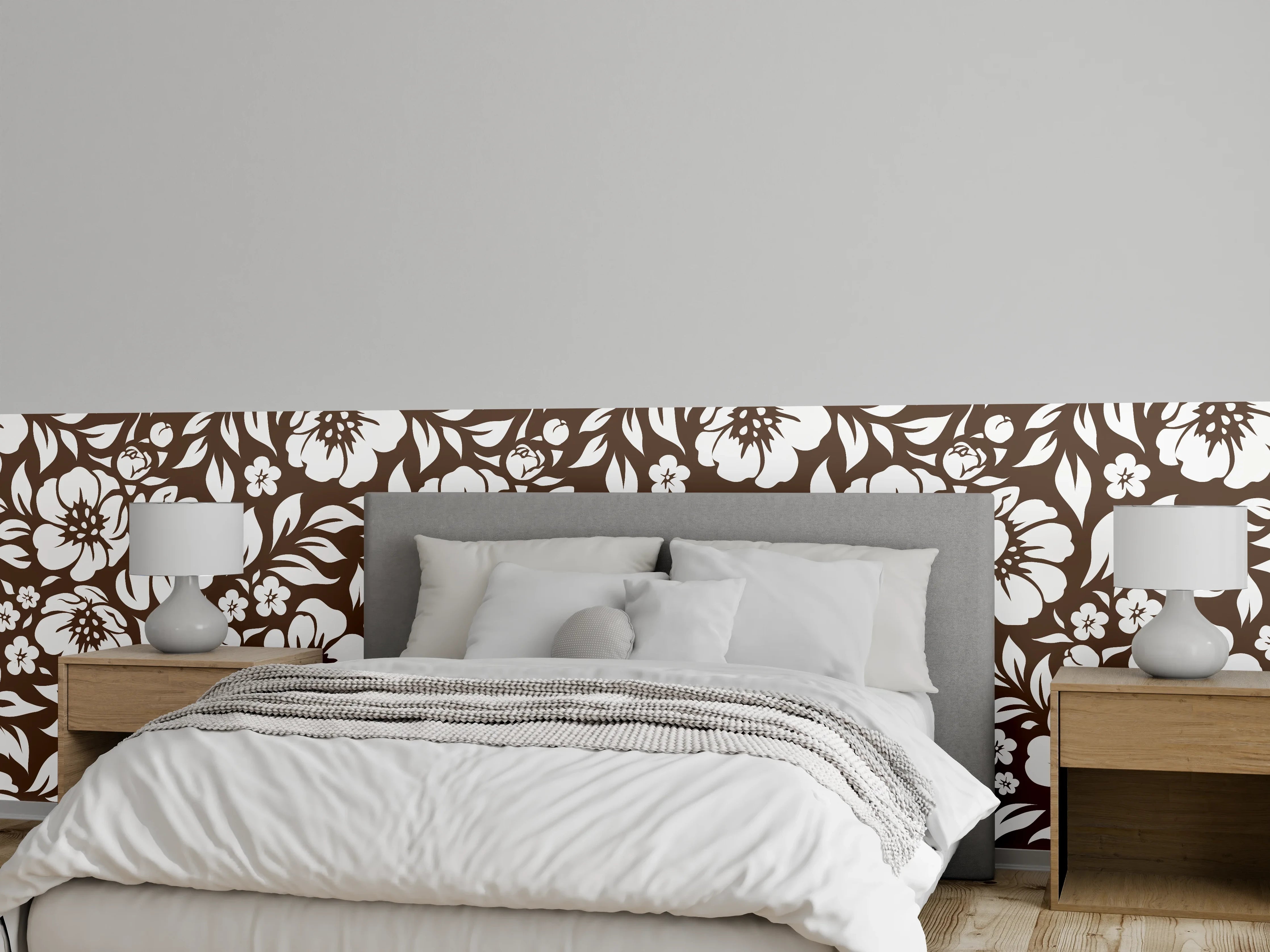 Wandverkleidung Schlafzimmer - Florale Graubraun-Tapete mit Weißakzenten