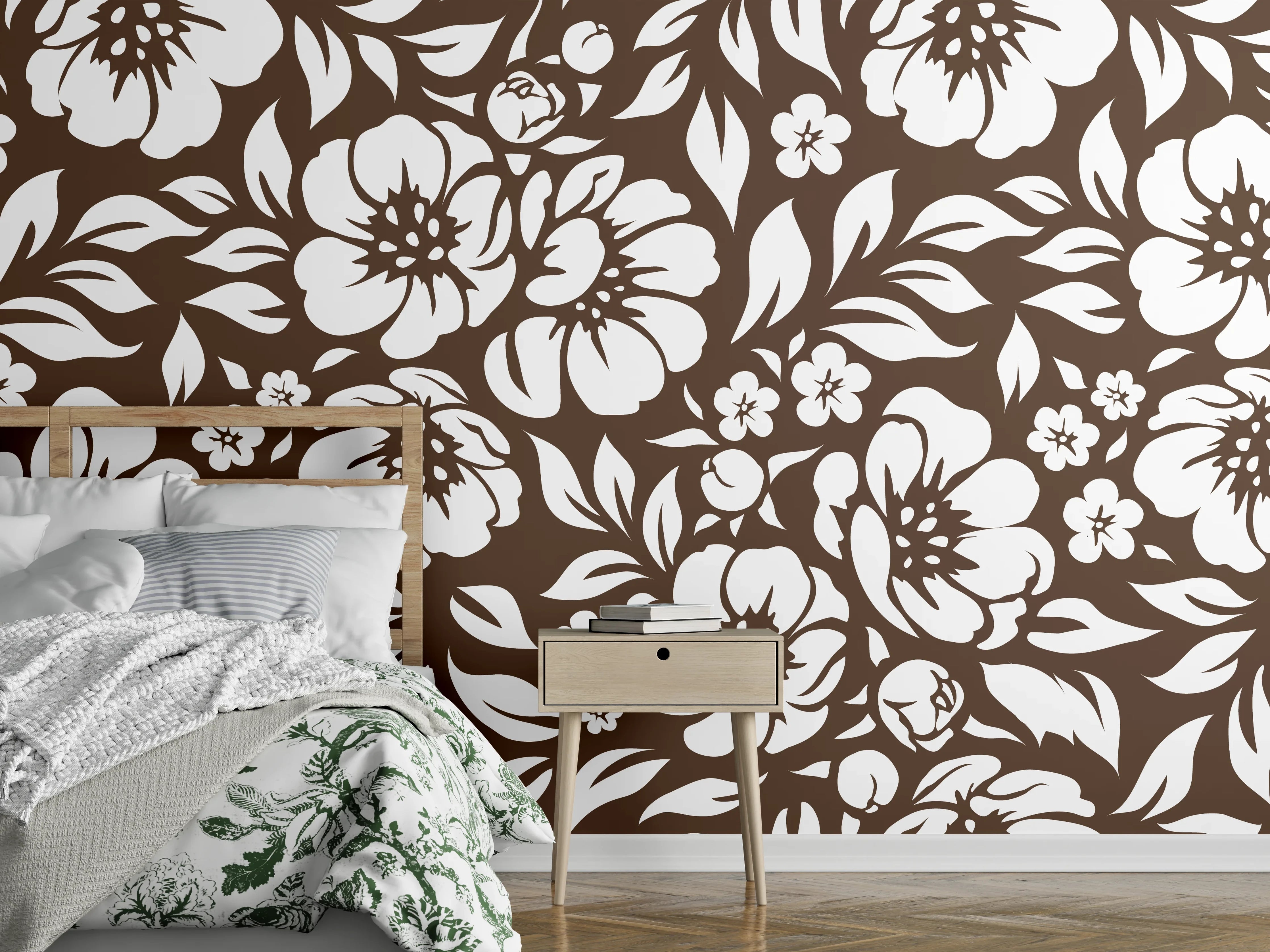Wandverkleidung Schlafzimmer - Florale Graubraun-Tapete mit Weißakzenten