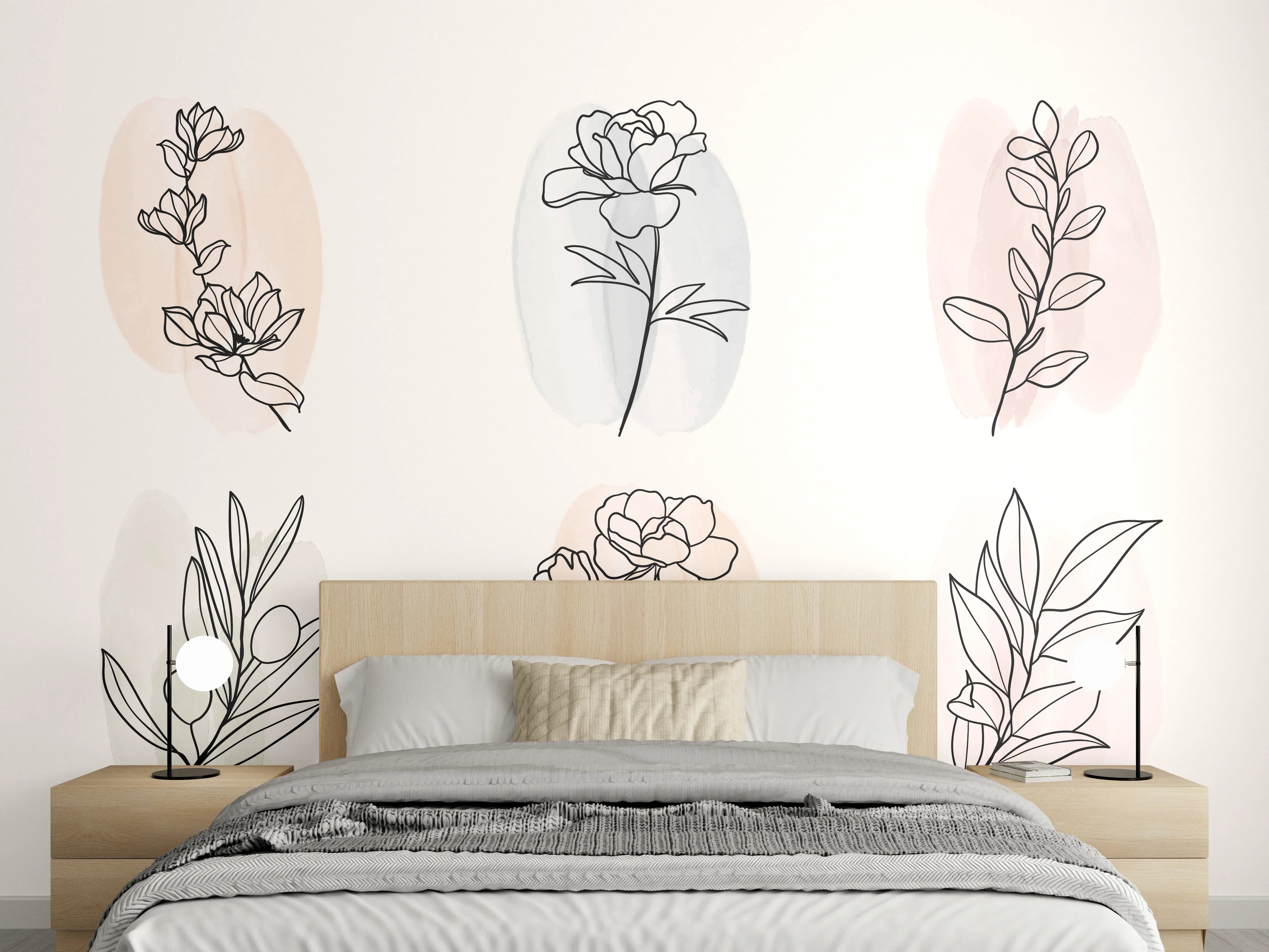 Wandverkleidung Schlafzimmer - Florale Lineart Zeichnung Kollektion
