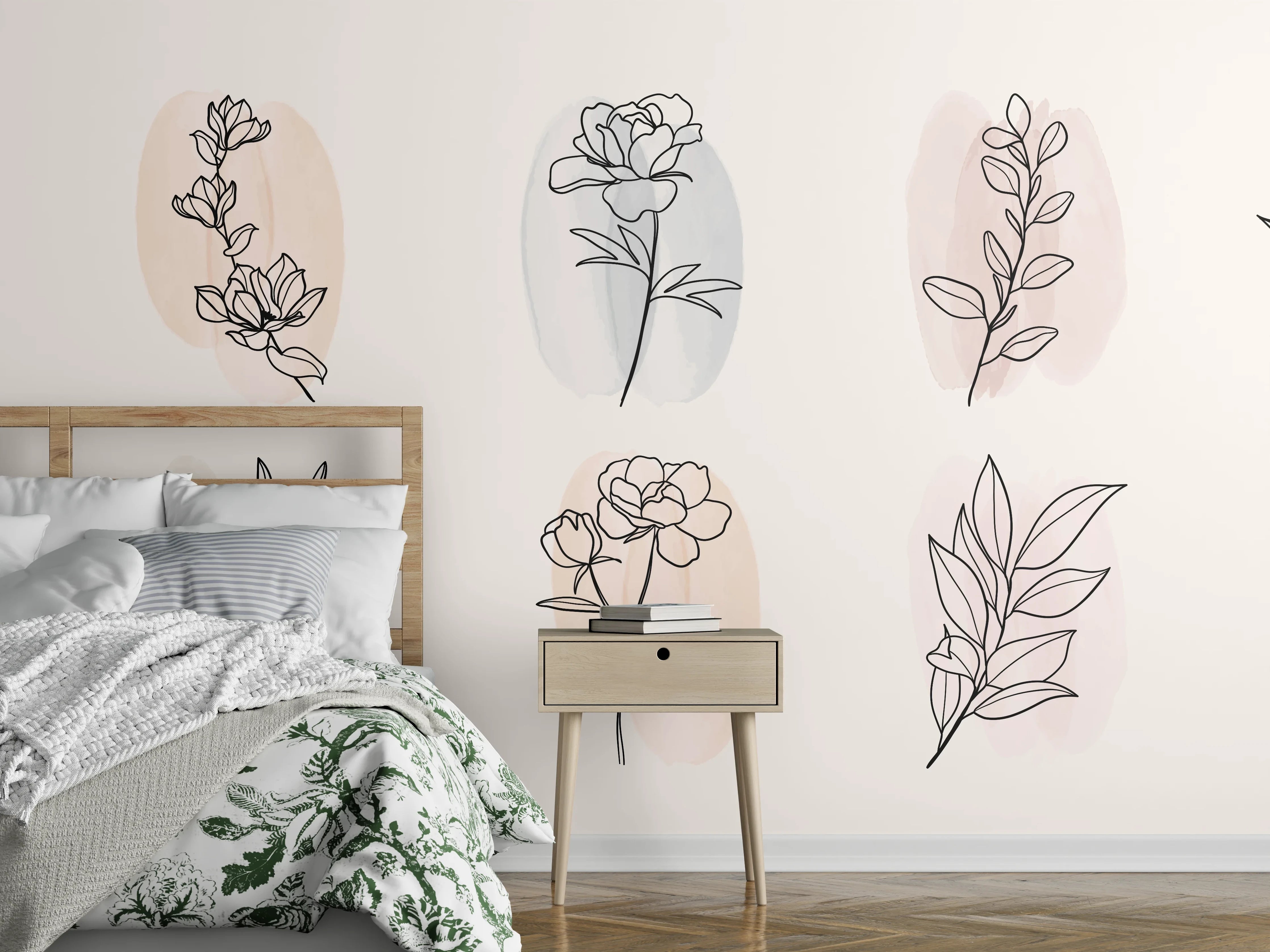 Wandverkleidung Schlafzimmer - Florale Lineart Zeichnung Kollektion