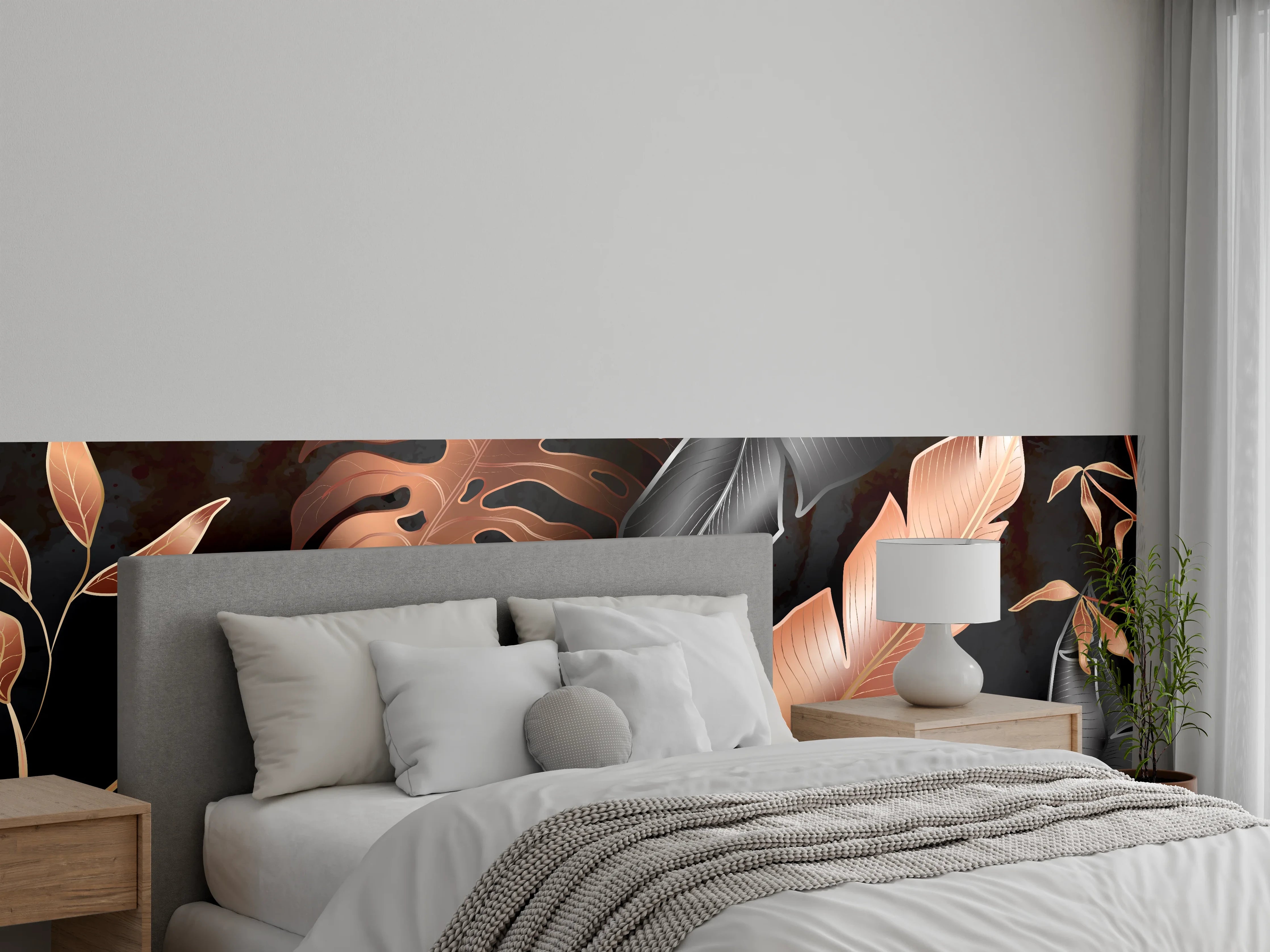 Wandverkleidung Schlafzimmer - Florale Muster Schwarz Kupfer