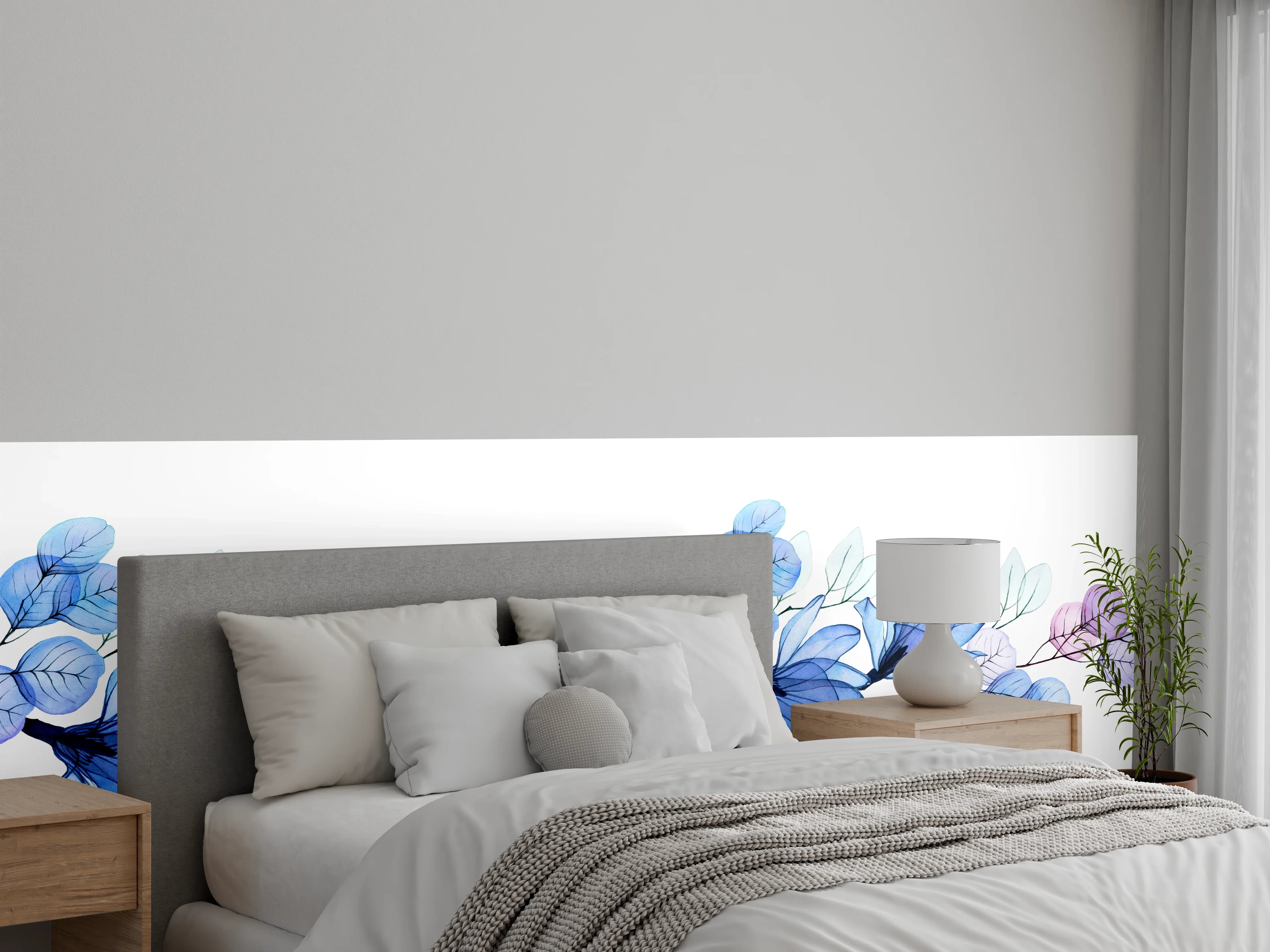 Wandverkleidung Schlafzimmer - Florales Aquarell Bordüre Blau Lila