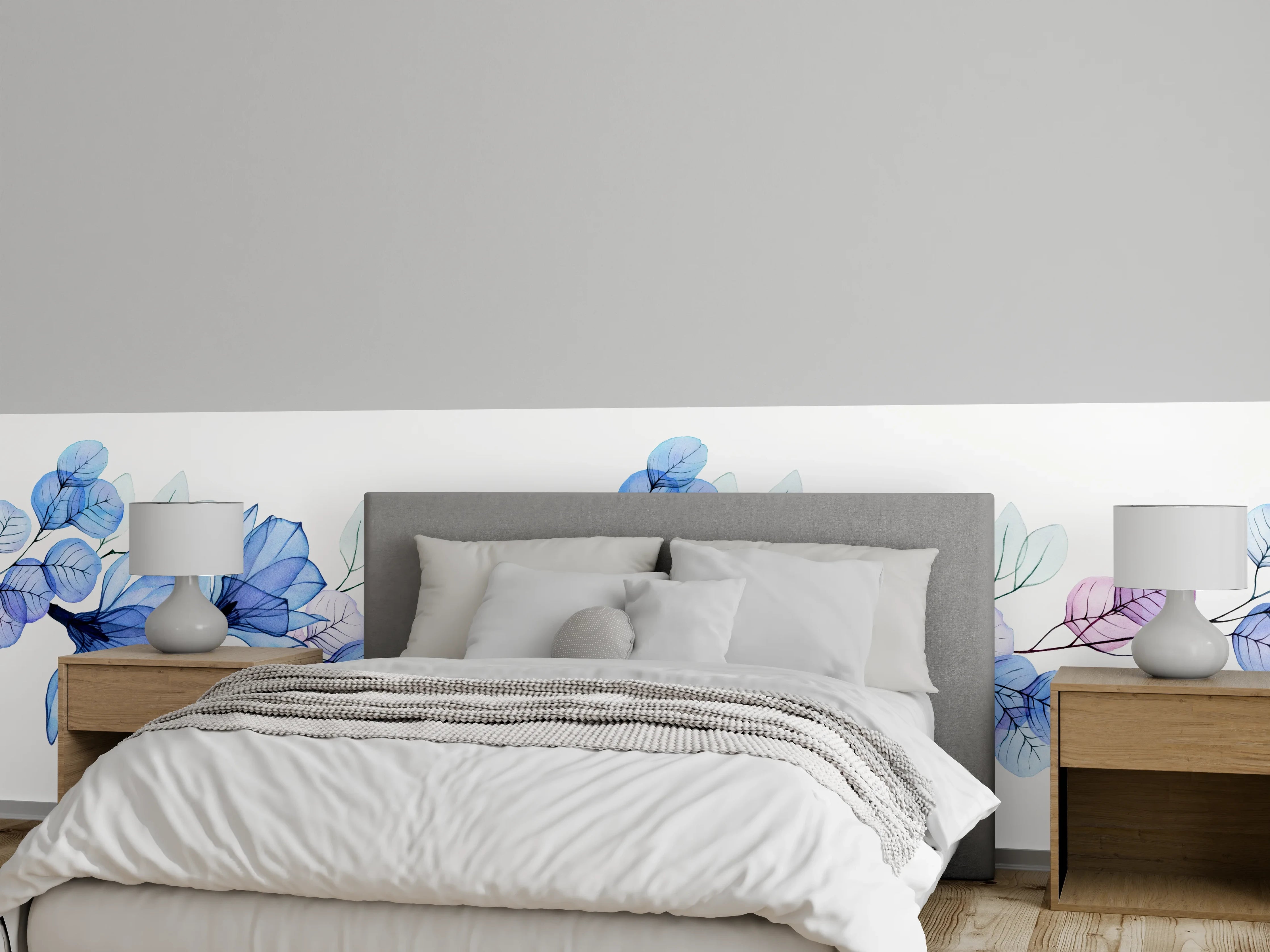 Wandverkleidung Schlafzimmer - Florales Aquarell Bordüre Blau Lila