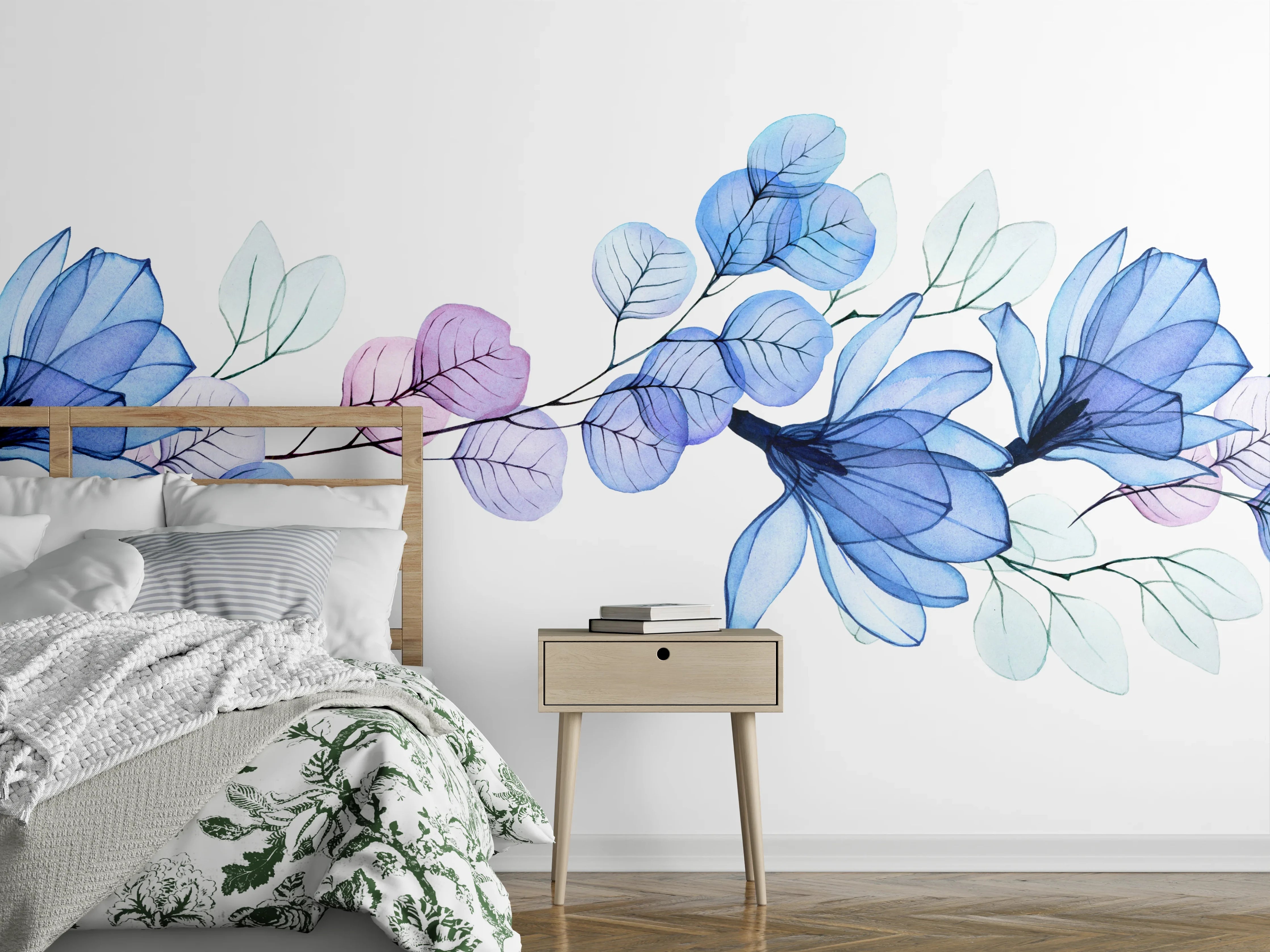 Wandverkleidung Schlafzimmer - Florales Aquarell Bordüre Blau Lila
