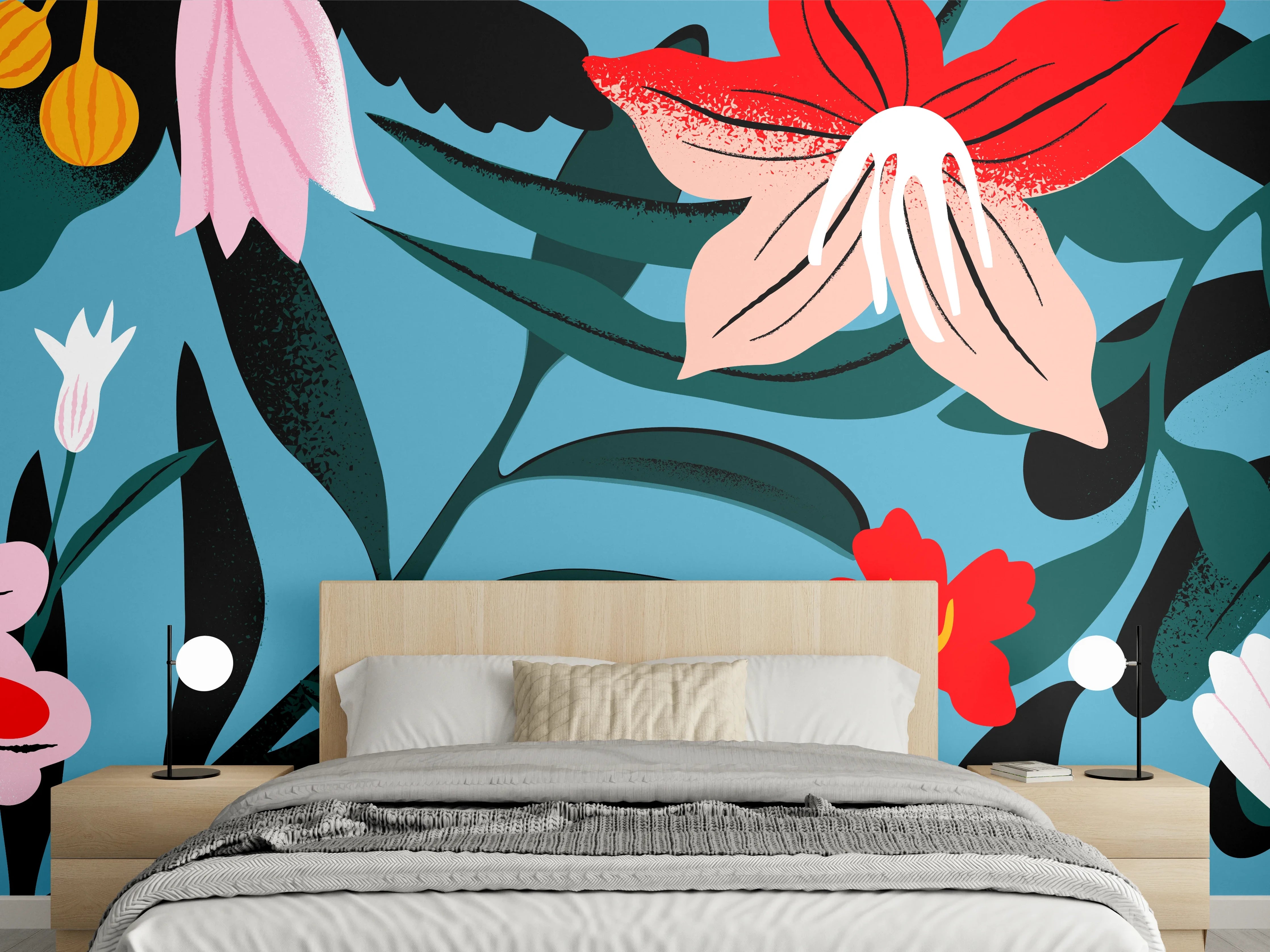 Wandverkleidung Schlafzimmer - Florales Blau-Rot Muster