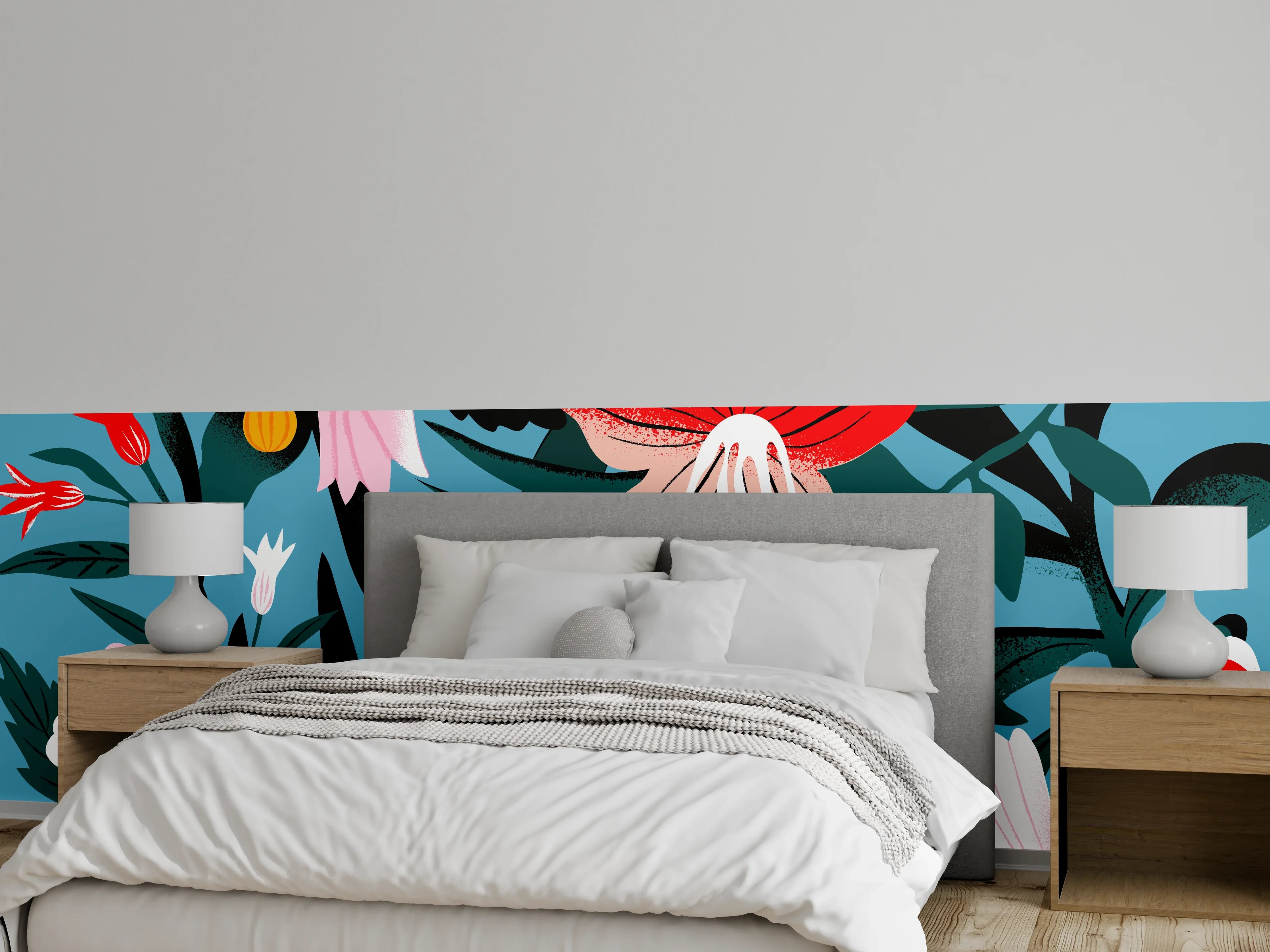 Wandverkleidung Schlafzimmer - Florales Blau-Rot Muster