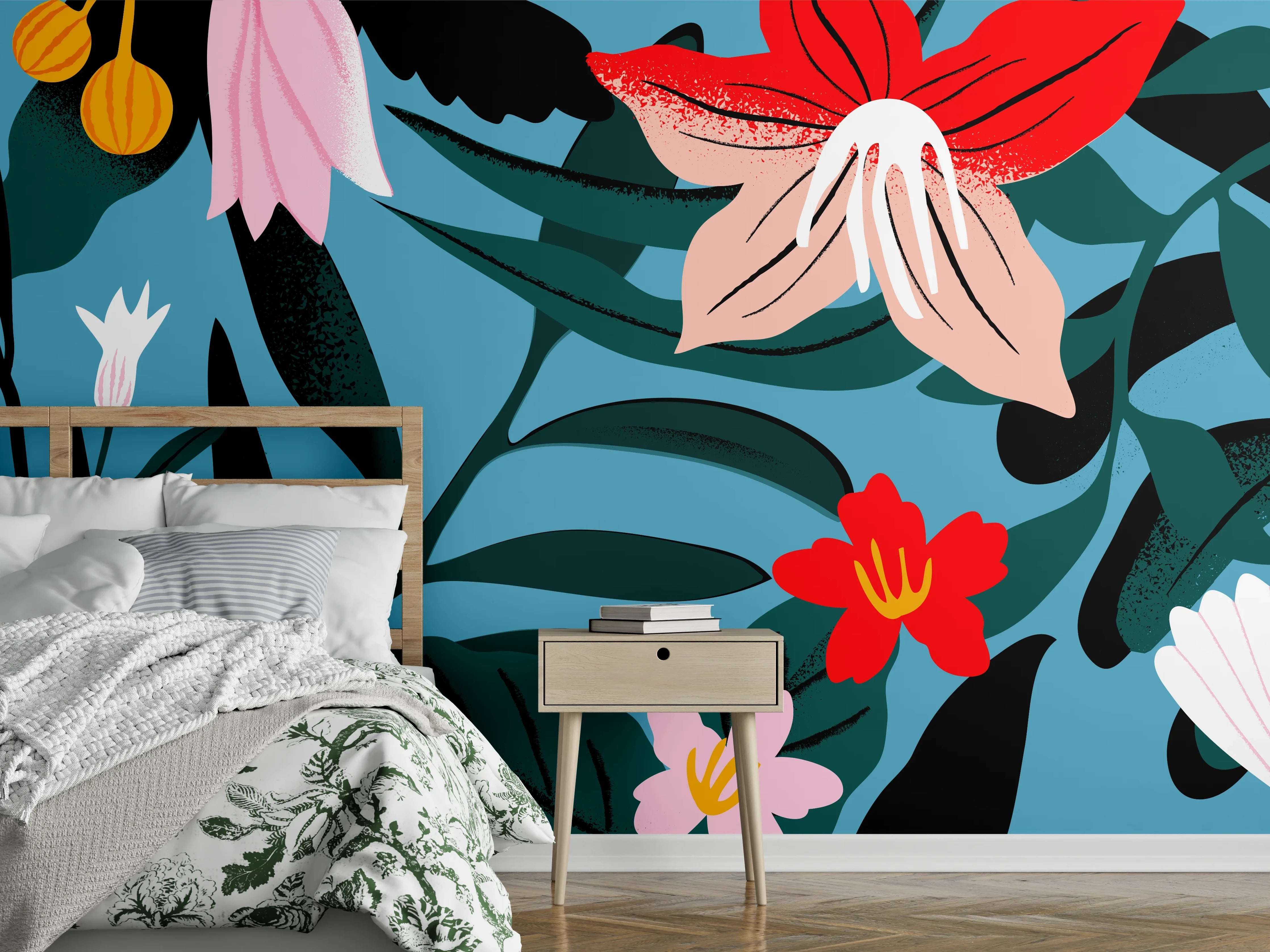 Wandverkleidung Schlafzimmer - Florales Blau-Rot Muster