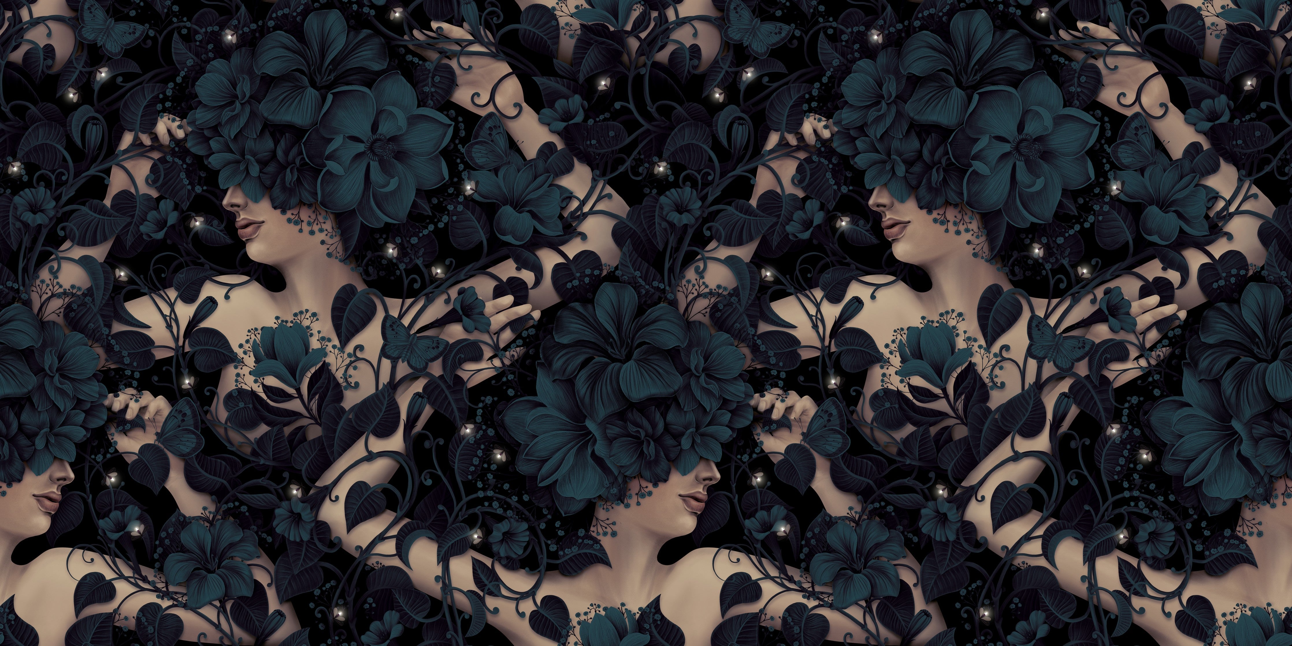 Wandverkleidung Schlafzimmer-Florales Damenmotiv im Art Deco Stil