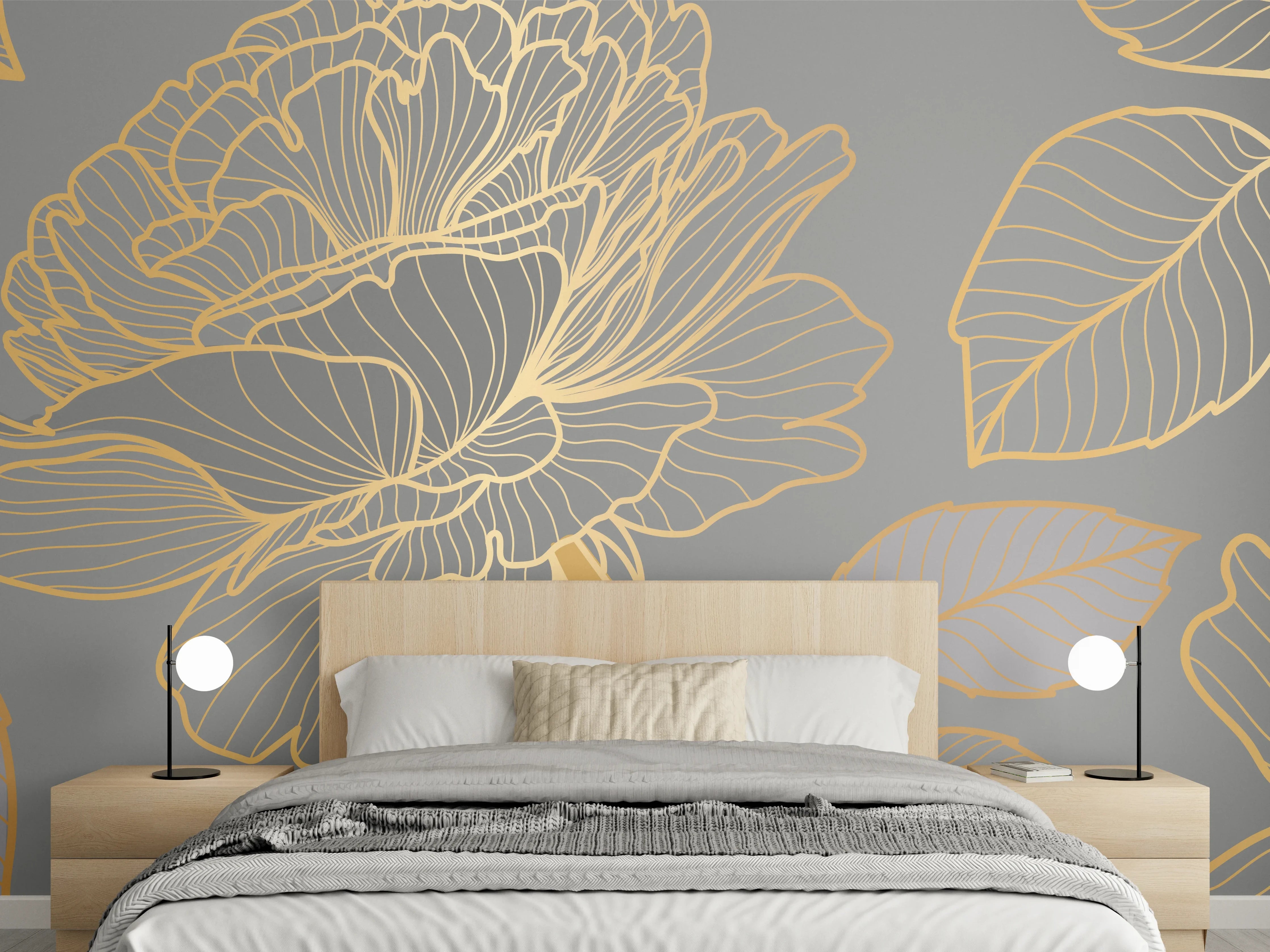 Wandverkleidung Schlafzimmer - Florales Gold-Muster Design