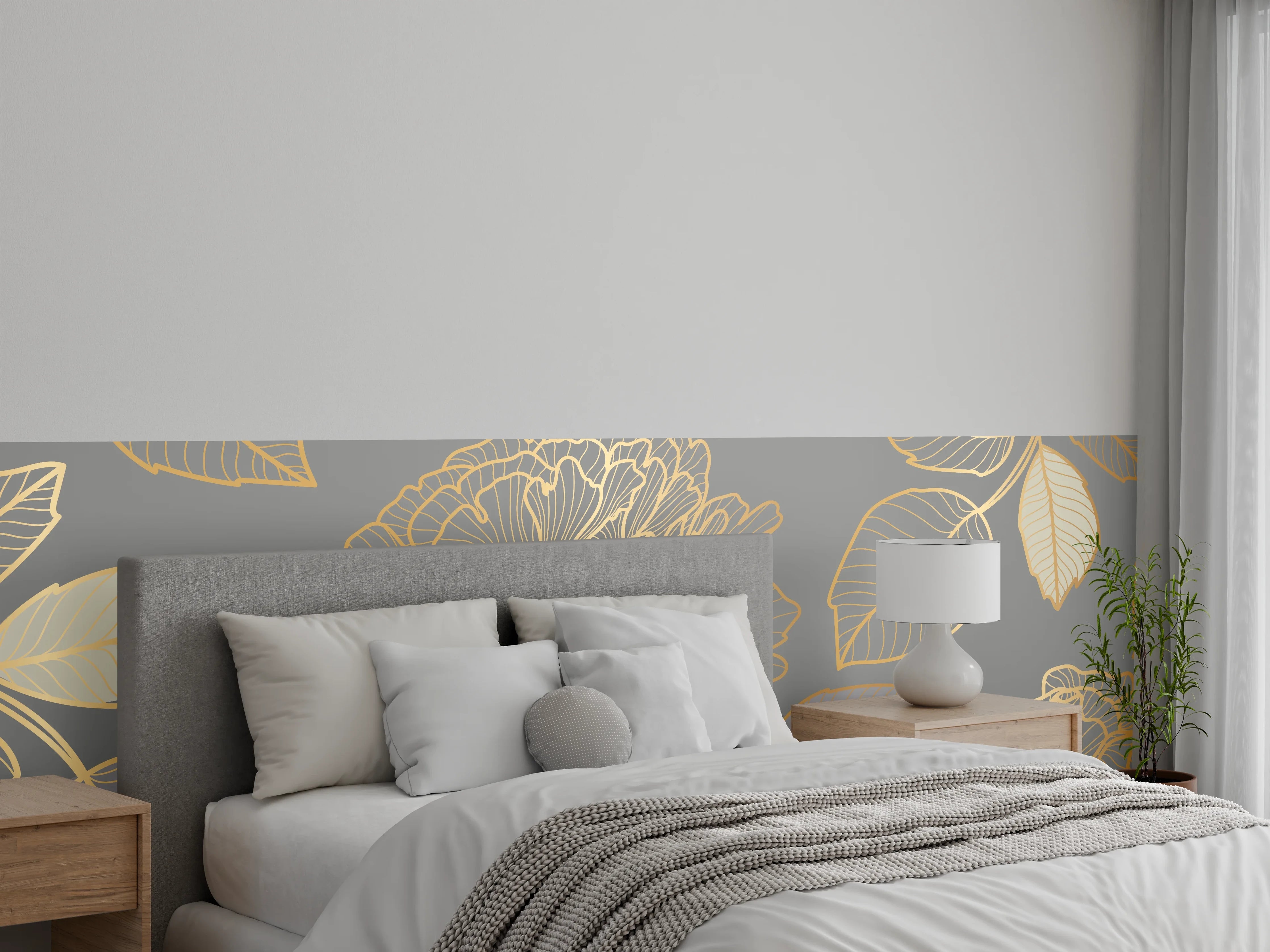 Wandverkleidung Schlafzimmer - Florales Gold-Muster Design