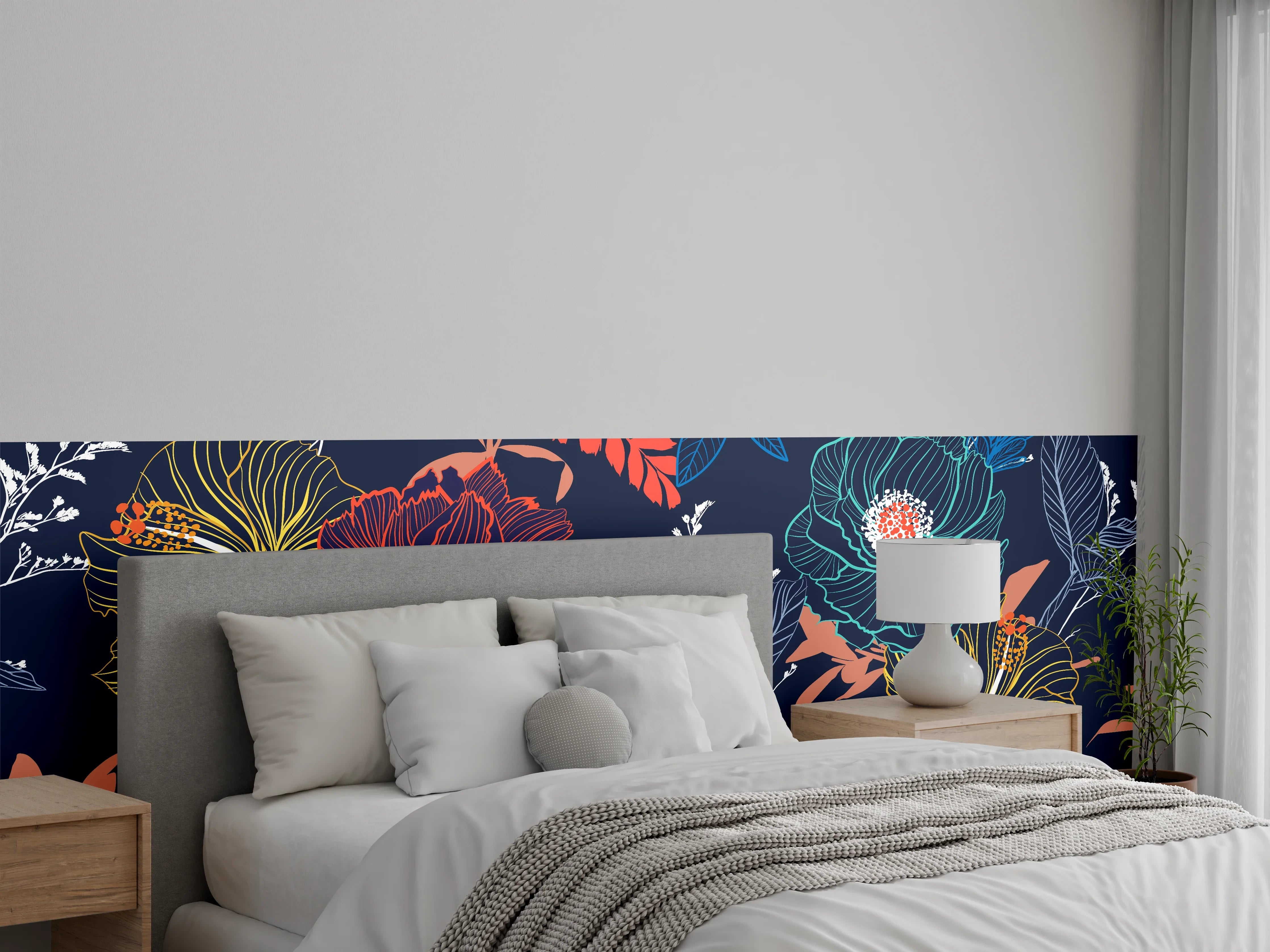 Wandverkleidung Schlafzimmer - Florales Linienmuster auf dunklem Grund