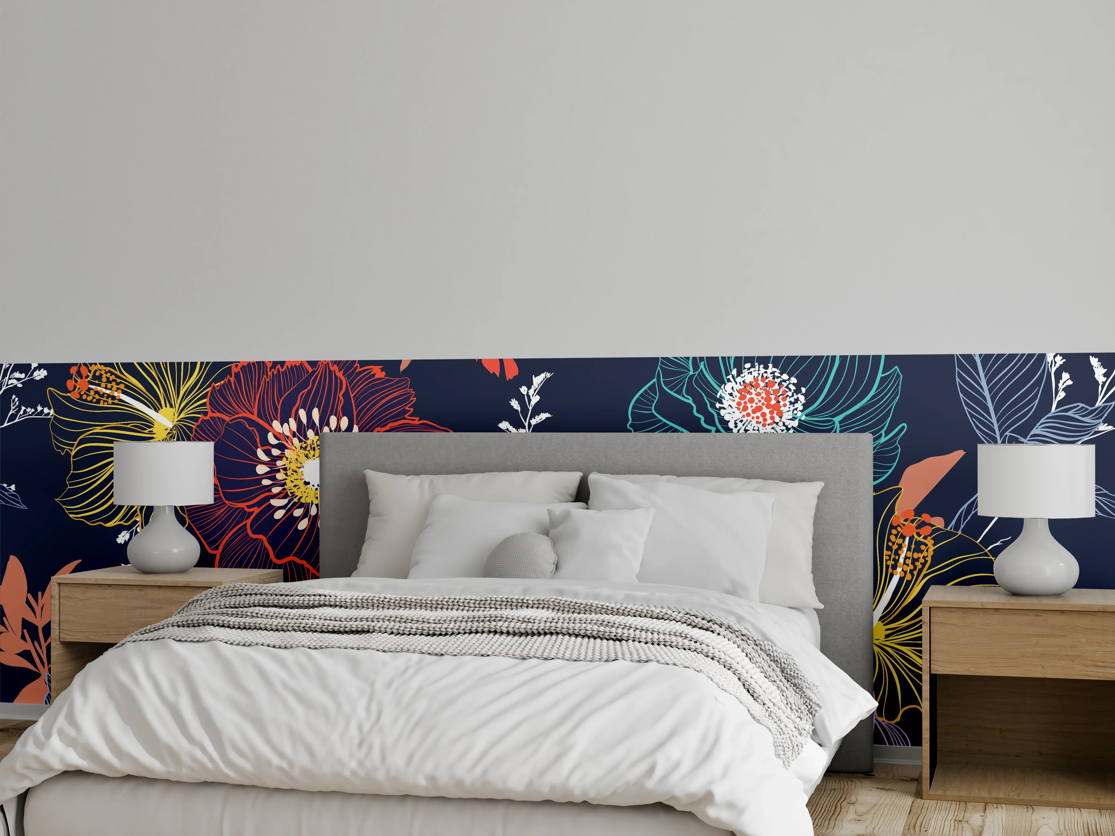 Wandverkleidung Schlafzimmer - Florales Linienmuster auf dunklem Grund