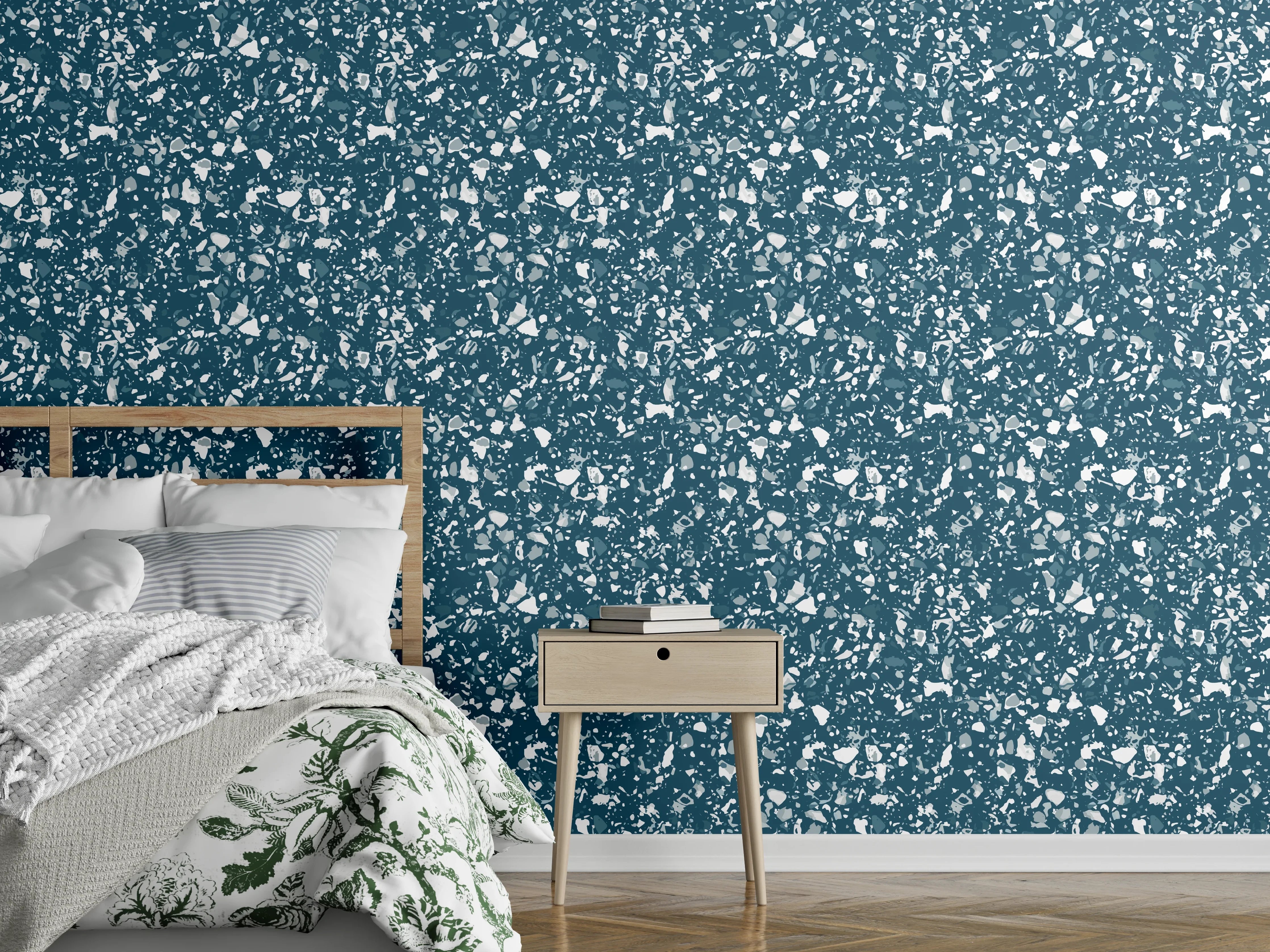 Wandverkleidung Schlafzimmer - Florales Mosaikmuster in Türkis und Weiß