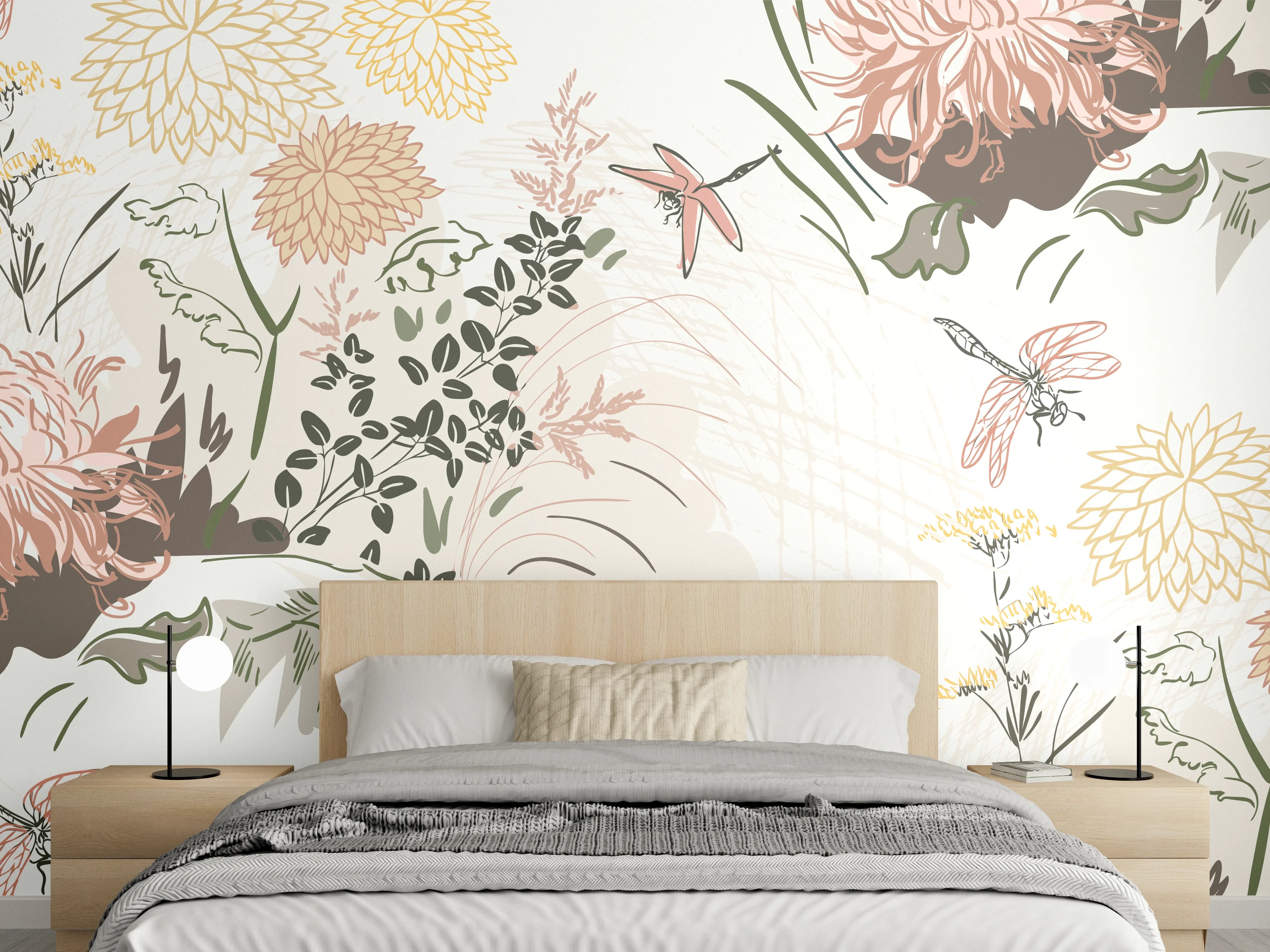Wandverkleidung Schlafzimmer - Florales Muster Beige-Grün-Rosa