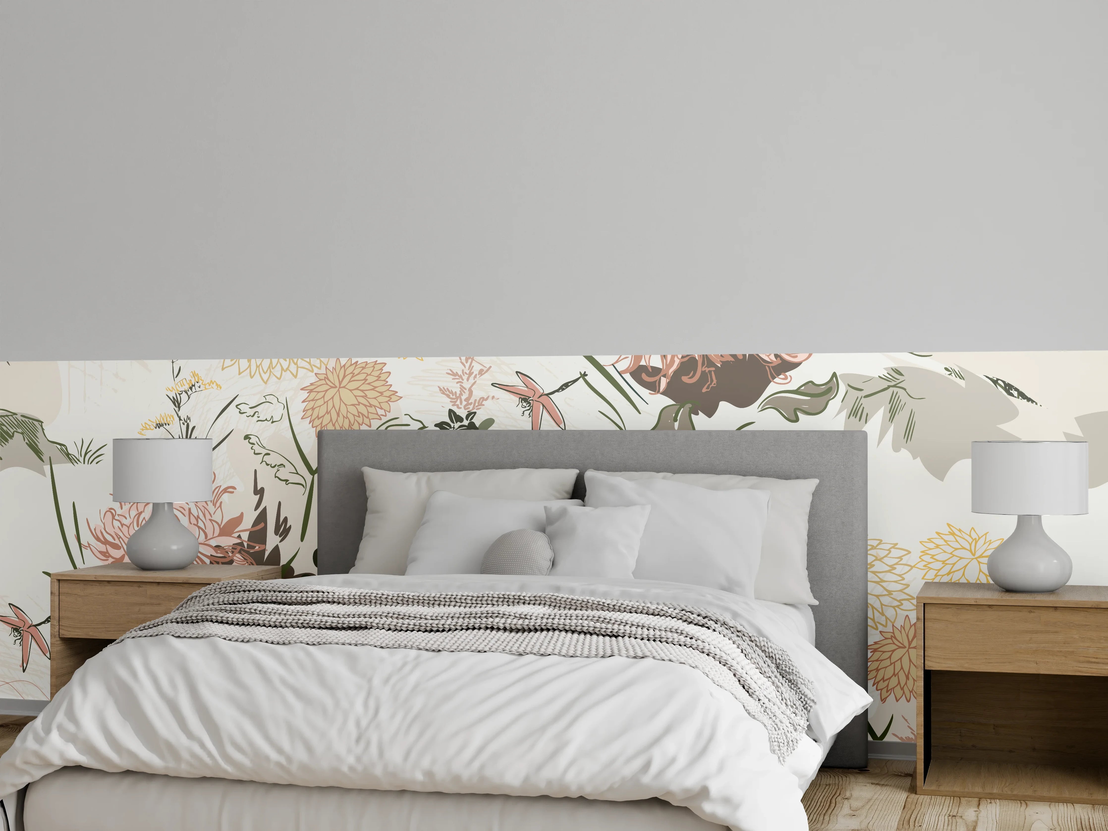 Wandverkleidung Schlafzimmer - Florales Muster Beige-Grün-Rosa