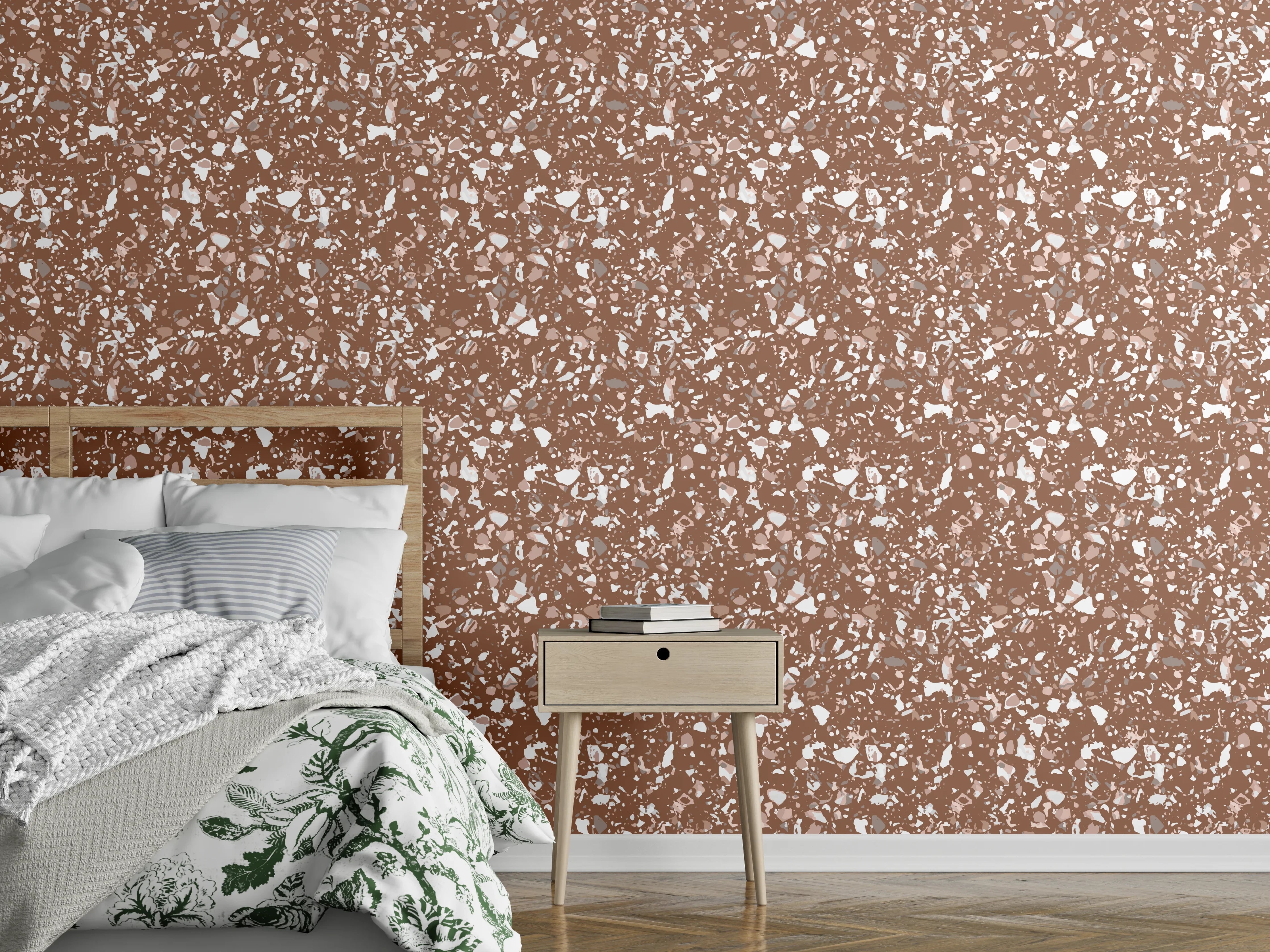 Wandverkleidung Schlafzimmer - Florales Muster Braun-weiß Tapetendesign