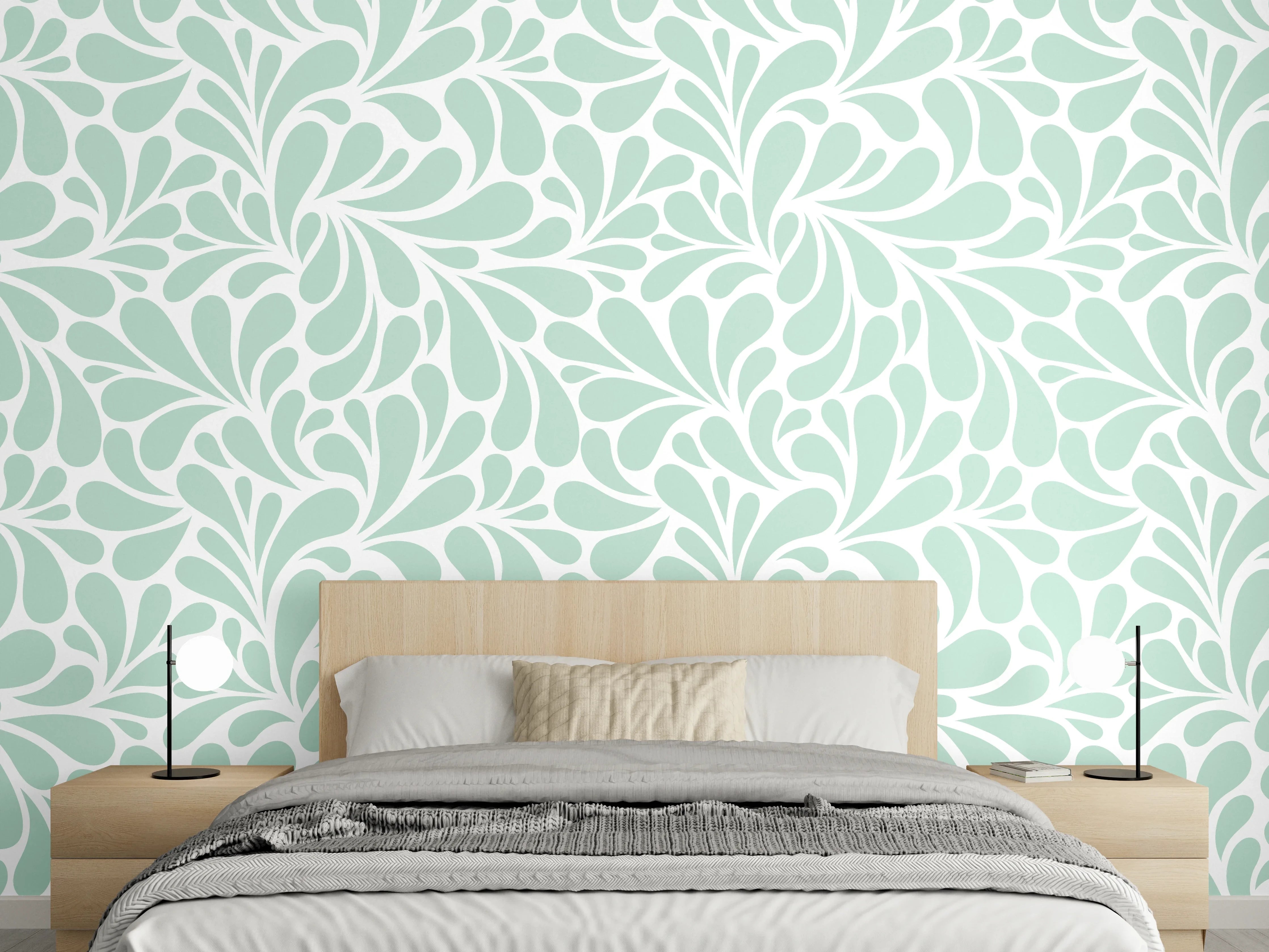 Wandverkleidung Schlafzimmer - Florales Muster Mintgrün auf Weiß