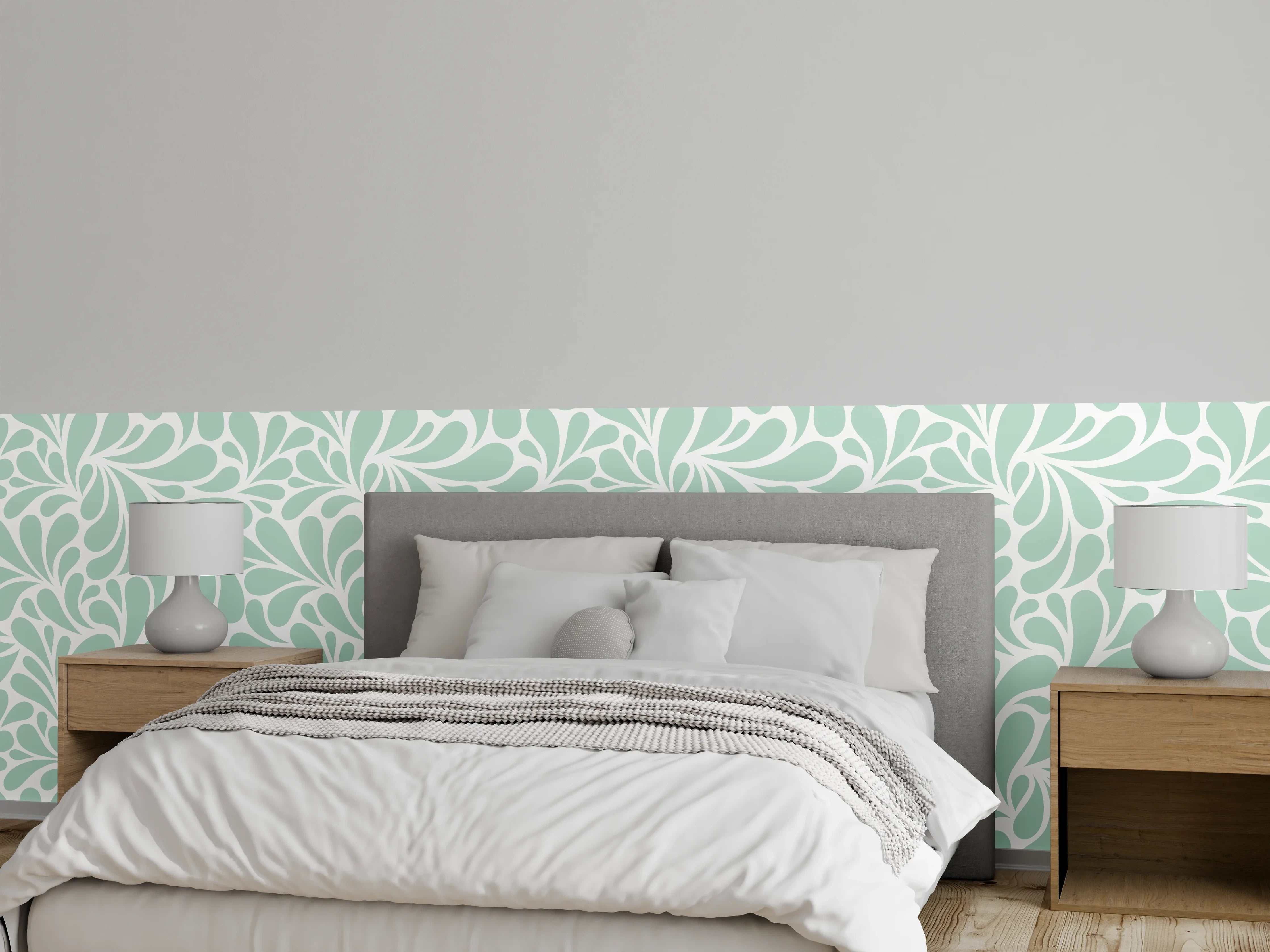 Wandverkleidung Schlafzimmer - Florales Muster Mintgrün auf Weiß