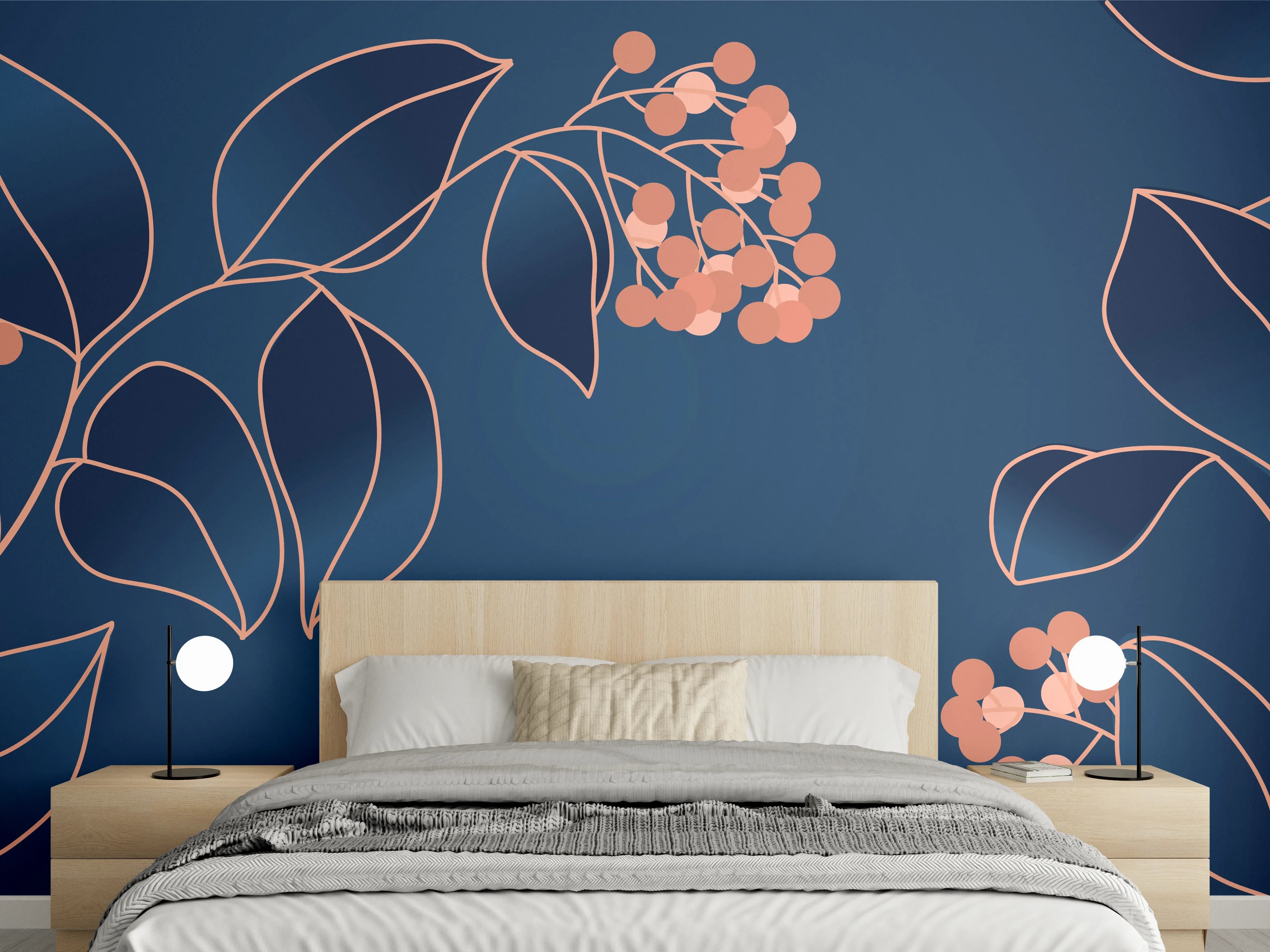 Wandverkleidung Schlafzimmer - Florales Muster Navy-Orange