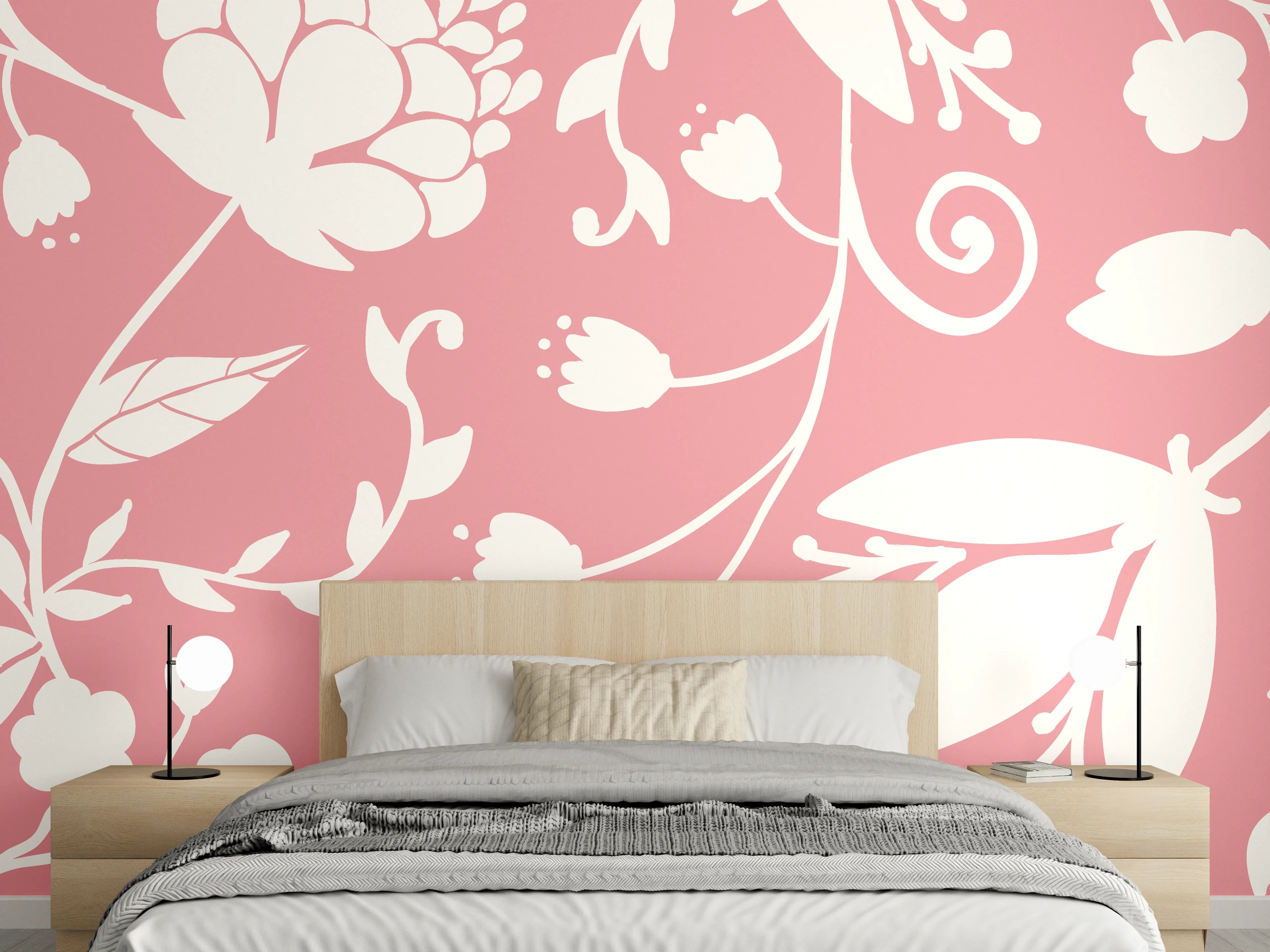 Wandverkleidung Schlafzimmer - Florales Muster Rosa Weiß Wanddekor