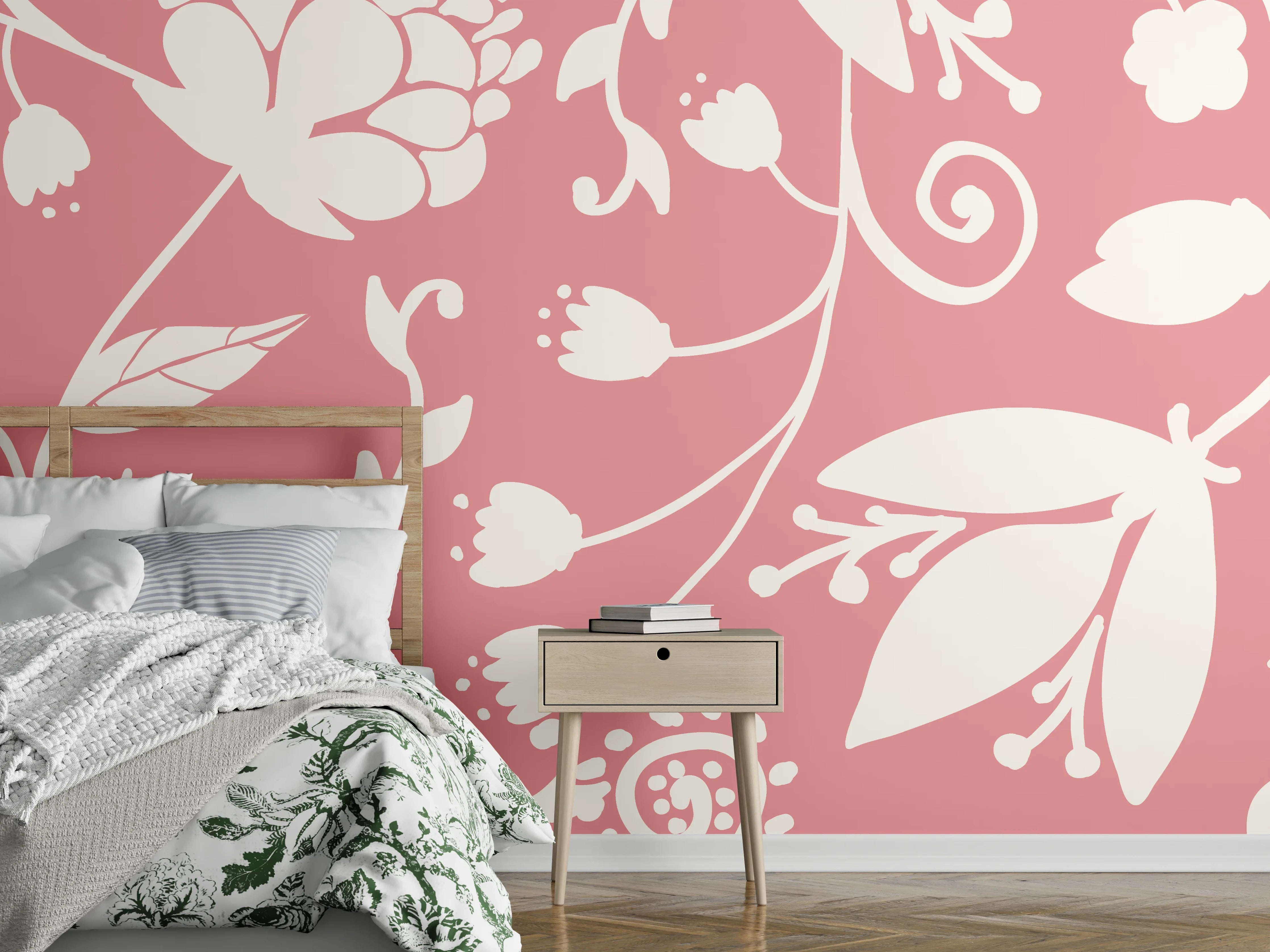 Wandverkleidung Schlafzimmer - Florales Muster Rosa Weiß Wanddekor