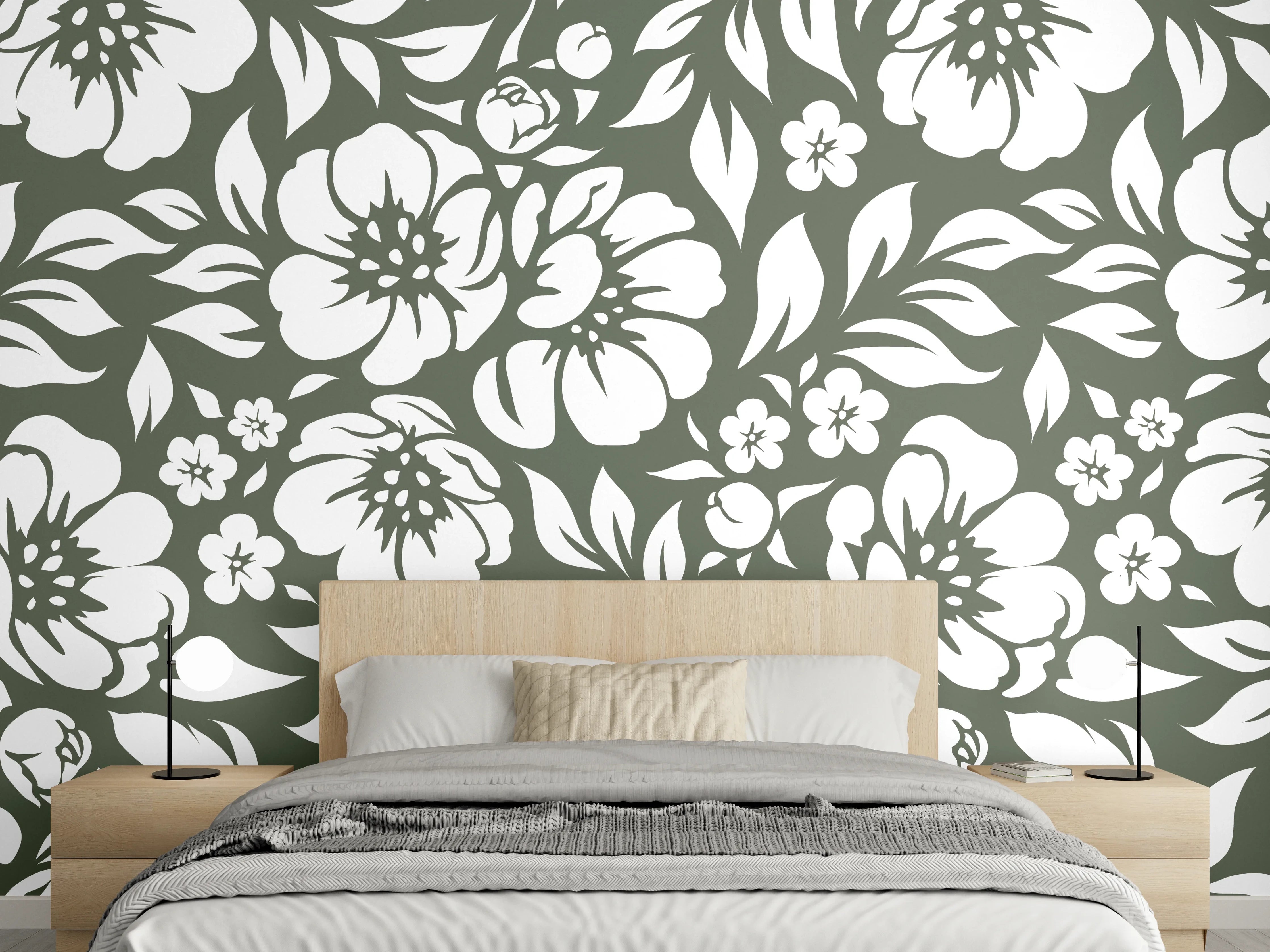 Wandverkleidung Schlafzimmer - Florales Muster Weiß-Grau Vintage Eleganz