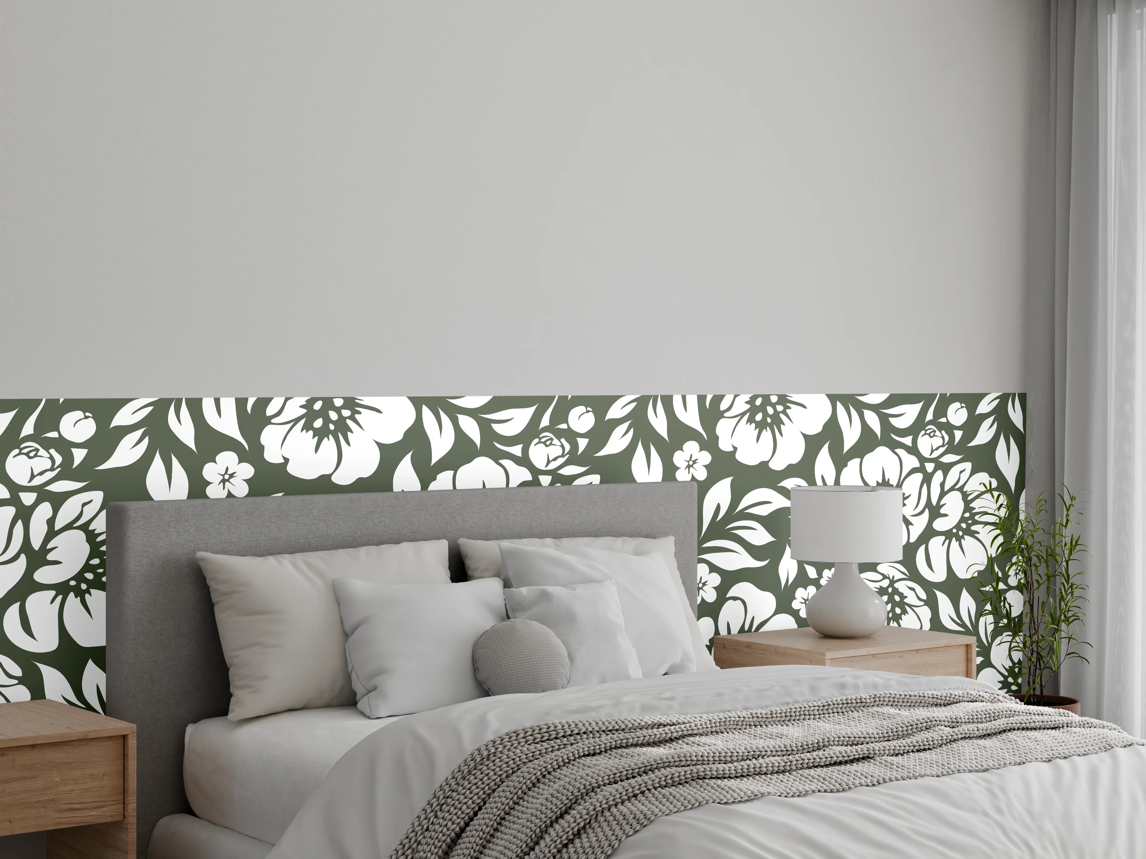 Wandverkleidung Schlafzimmer - Florales Muster Weiß-Grau Vintage Eleganz