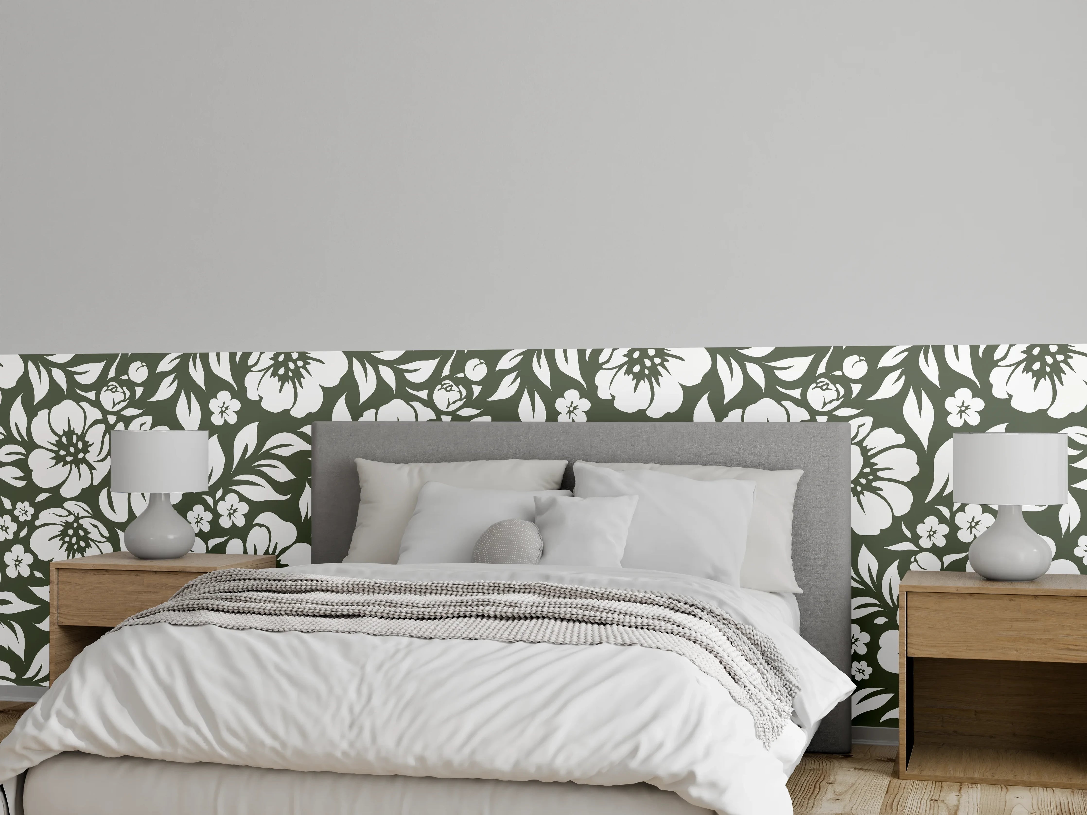 Wandverkleidung Schlafzimmer - Florales Muster Weiß-Grau Vintage Eleganz