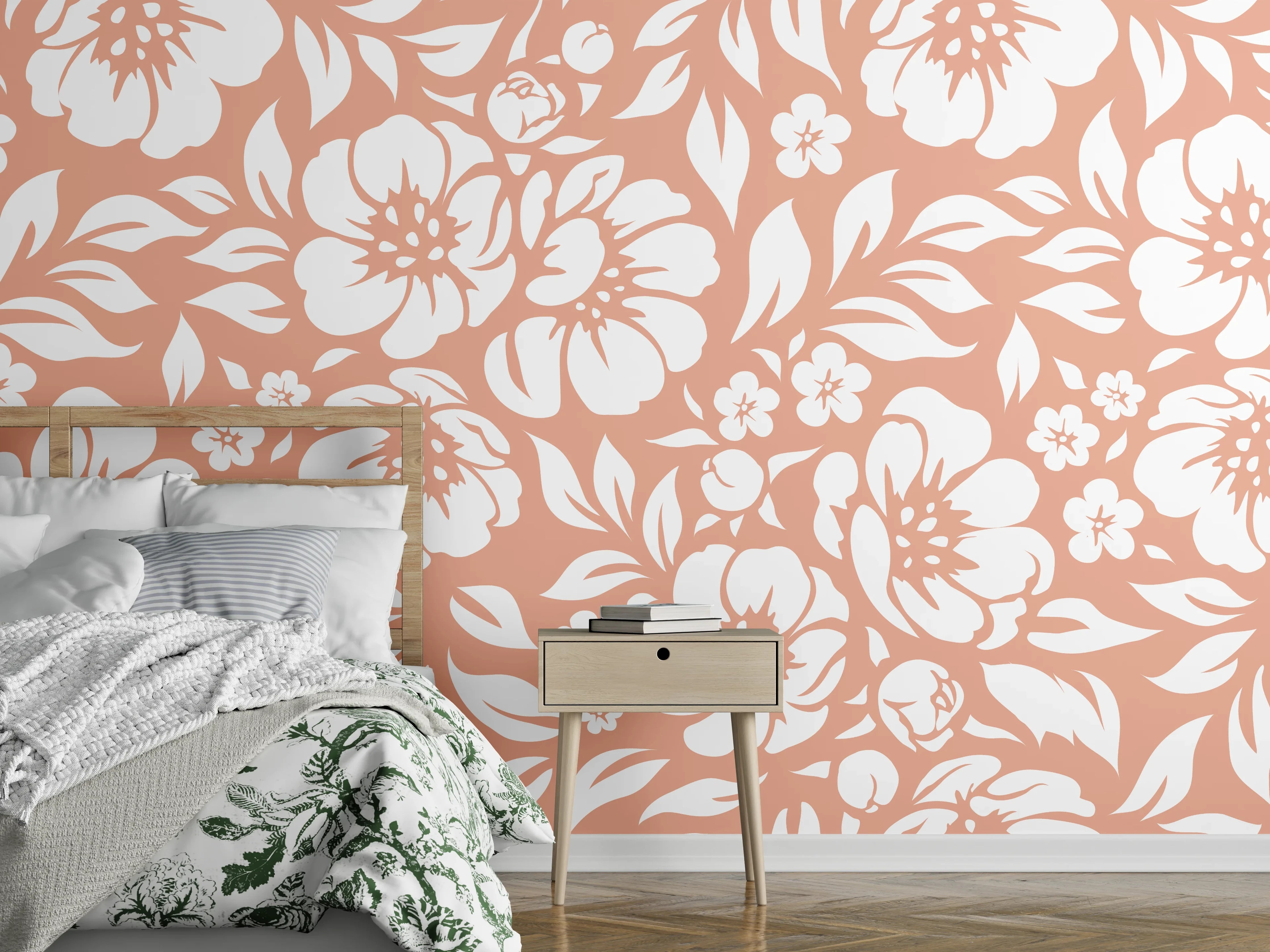 Wandverkleidung Schlafzimmer - Florales Muster Weiß auf Terrakotta