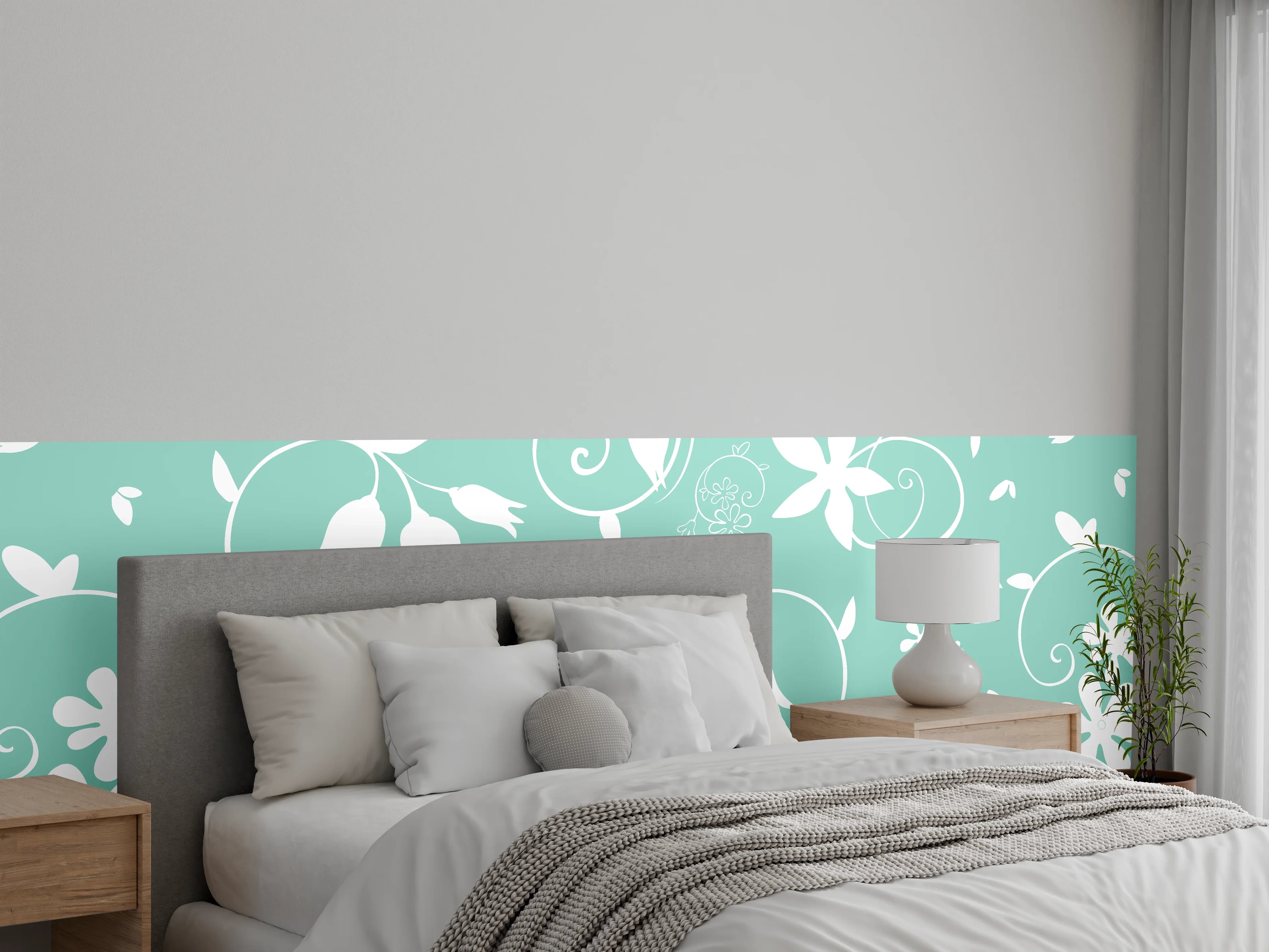 Wandverkleidung Schlafzimmer - Florales Muster auf Mintgrün, Weiß-Grau