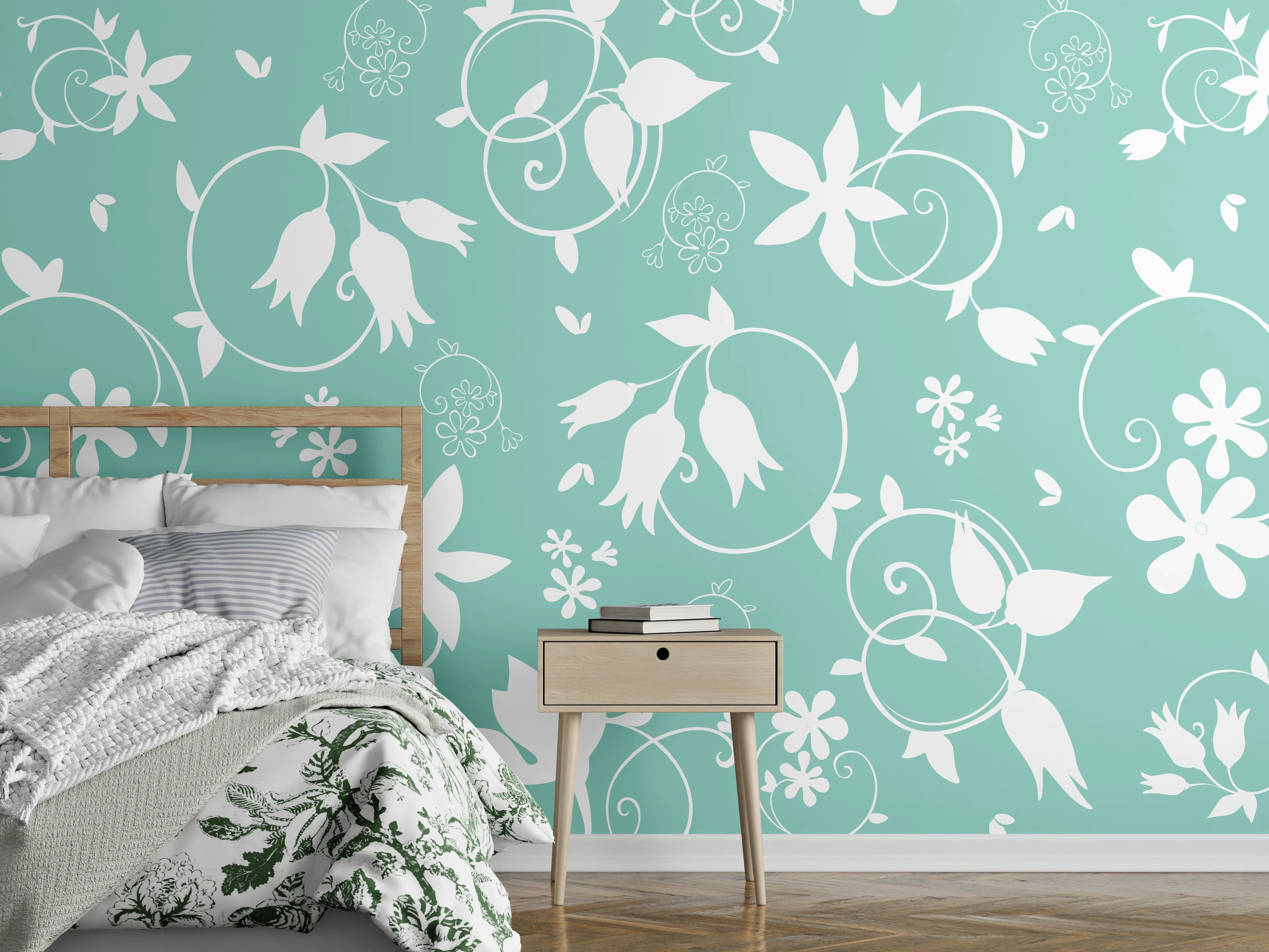 Wandverkleidung Schlafzimmer - Florales Muster auf Mintgrün, Weiß-Grau
