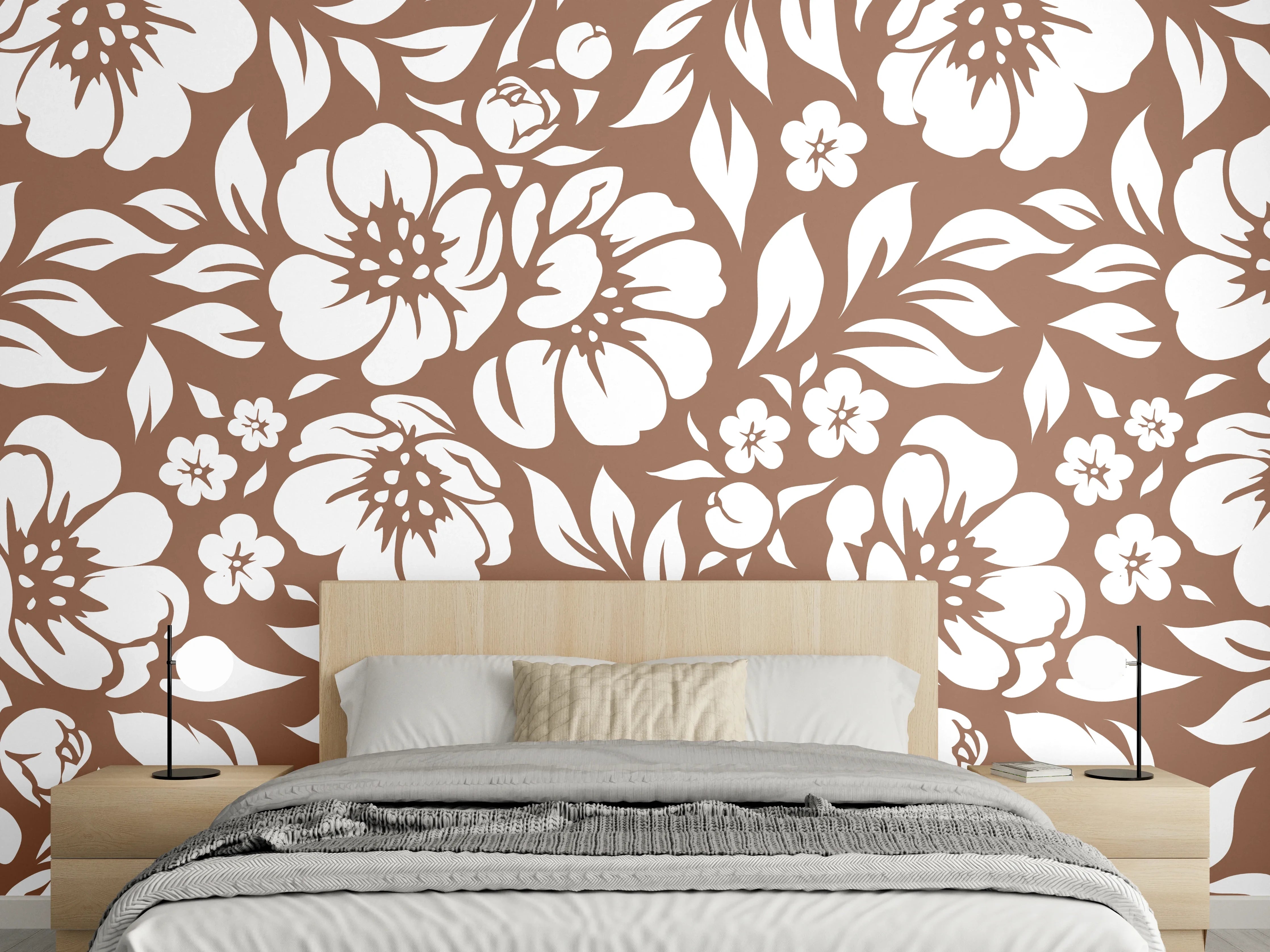 Wandverkleidung Schlafzimmer - Florales Muster in Braun und Weiß