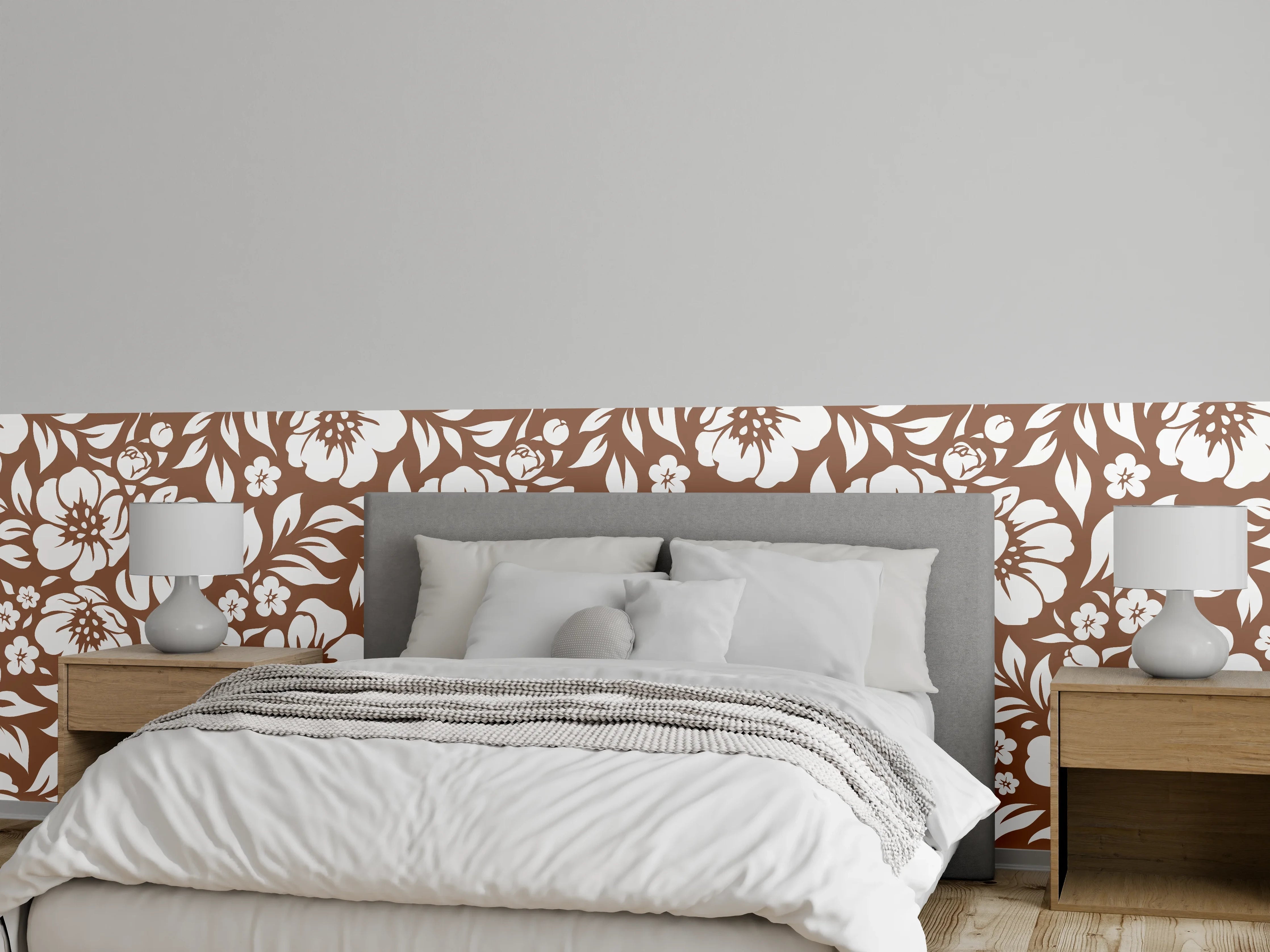 Wandverkleidung Schlafzimmer - Florales Muster in Braun und Weiß