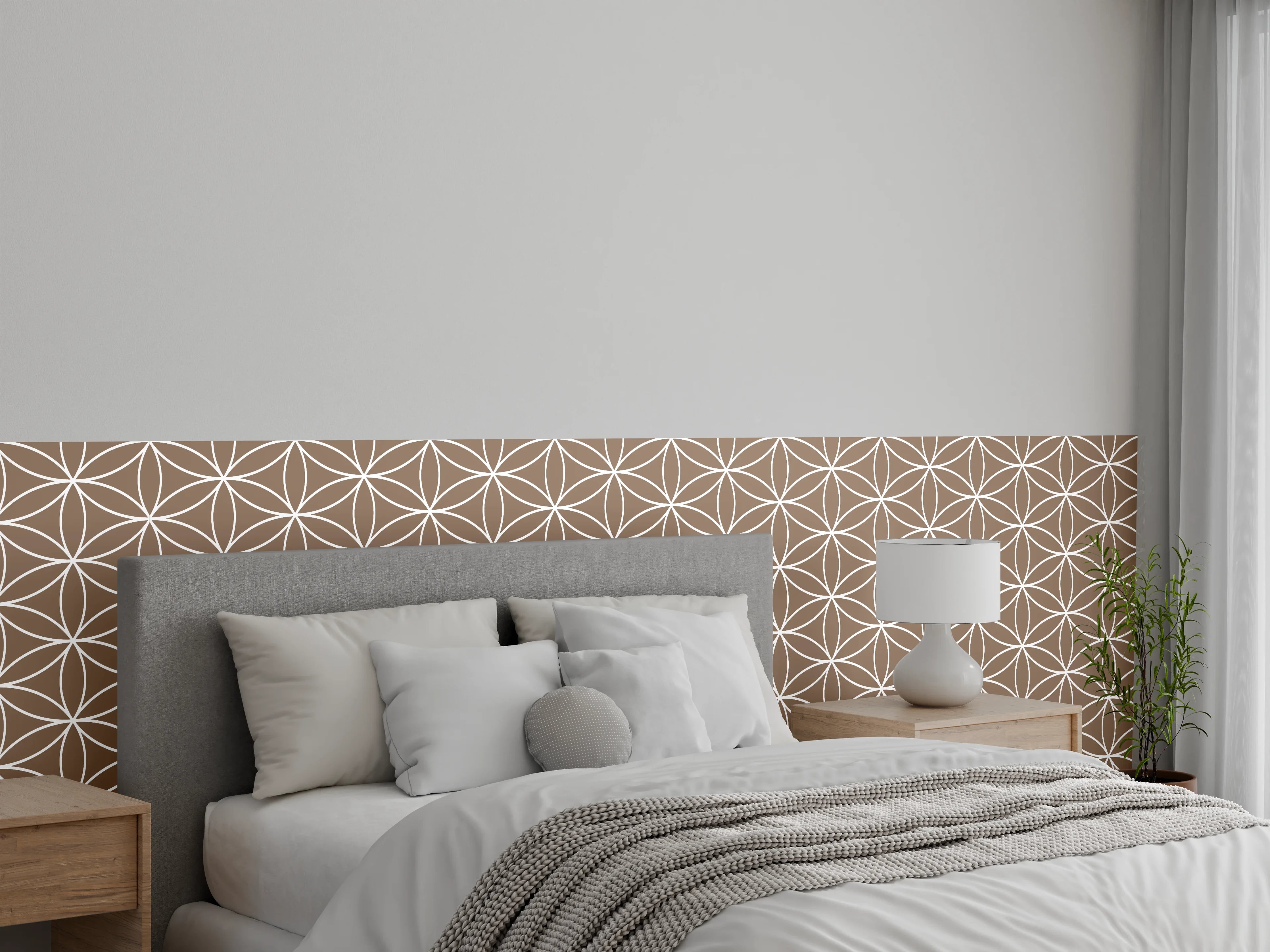 Wandverkleidung Schlafzimmer - Florales Muster in Braun, Weiß und Grau
