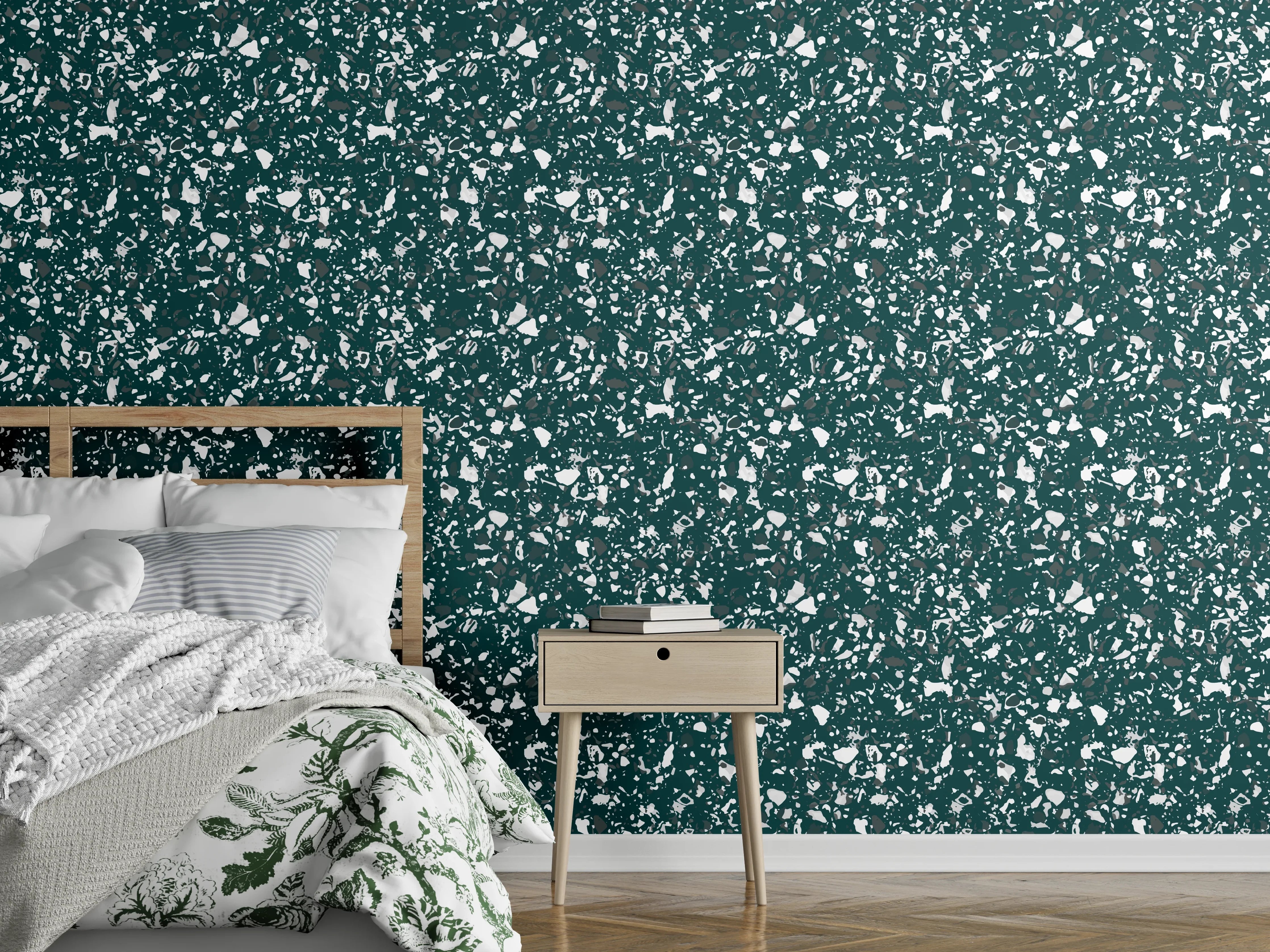 Wandverkleidung Schlafzimmer - Florales Muster in Grün und Weiß