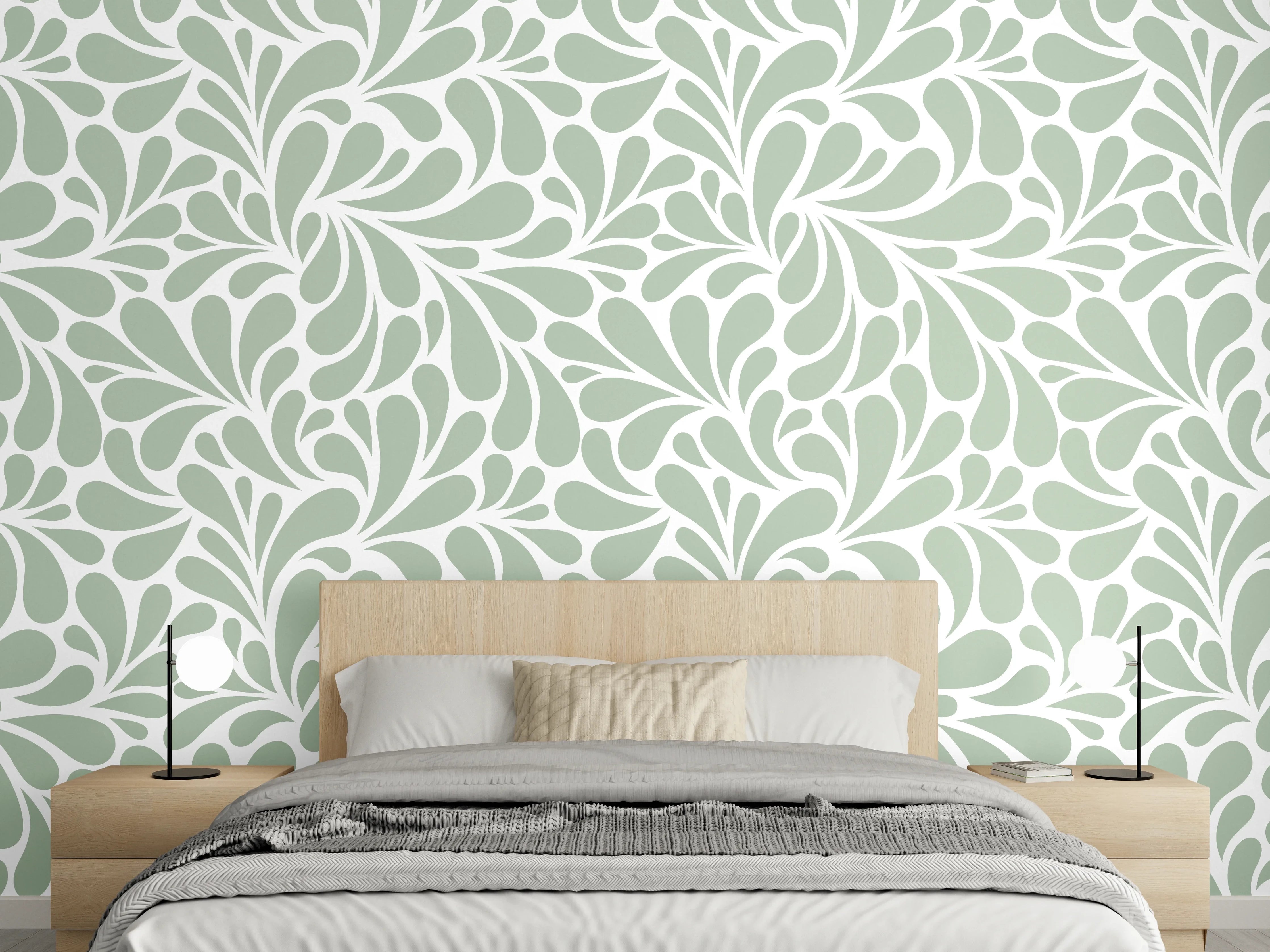 Wandverkleidung Schlafzimmer - Florales Muster in Salbeigrün und Weiß