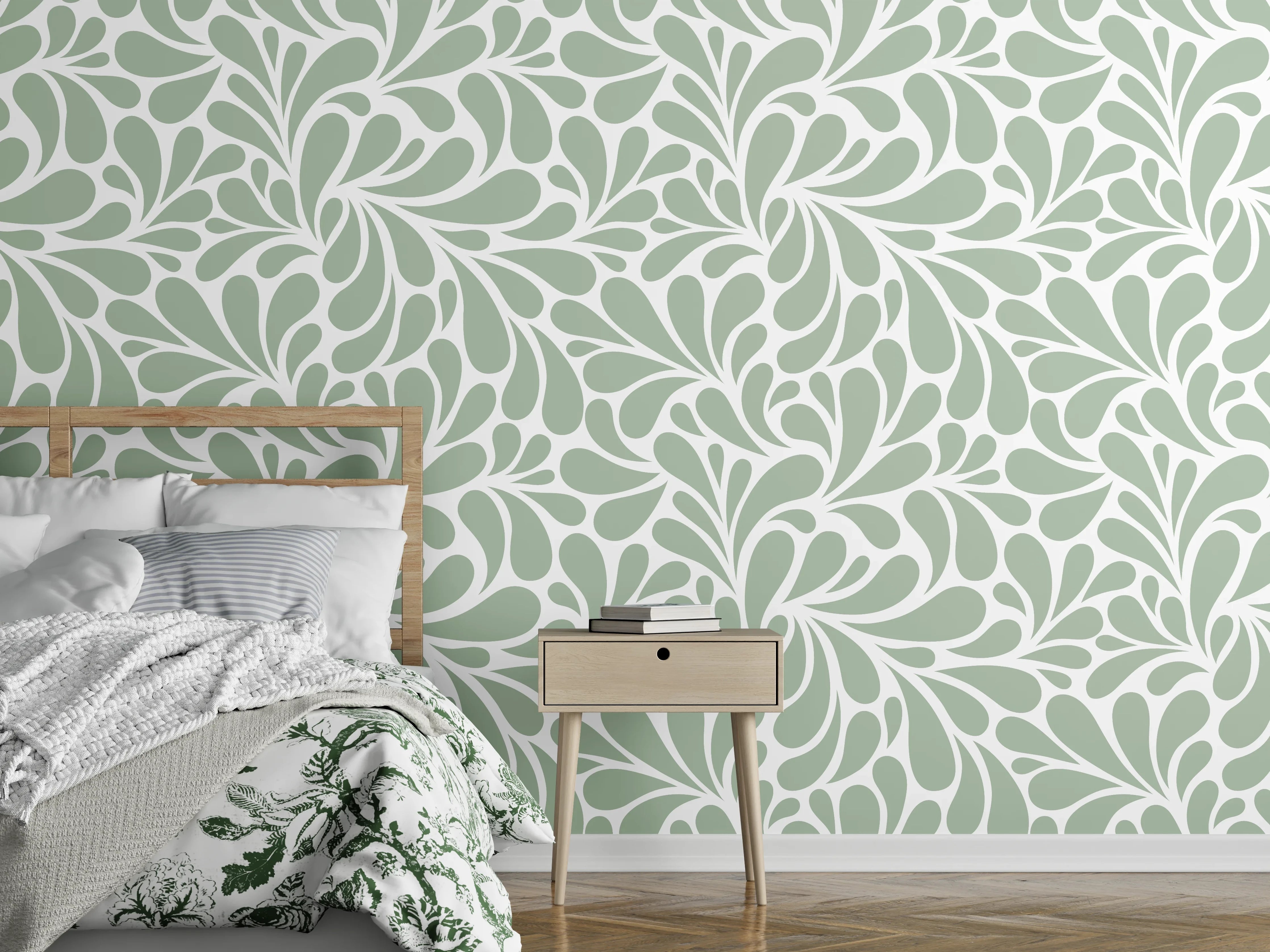 Wandverkleidung Schlafzimmer - Florales Muster in Salbeigrün und Weiß