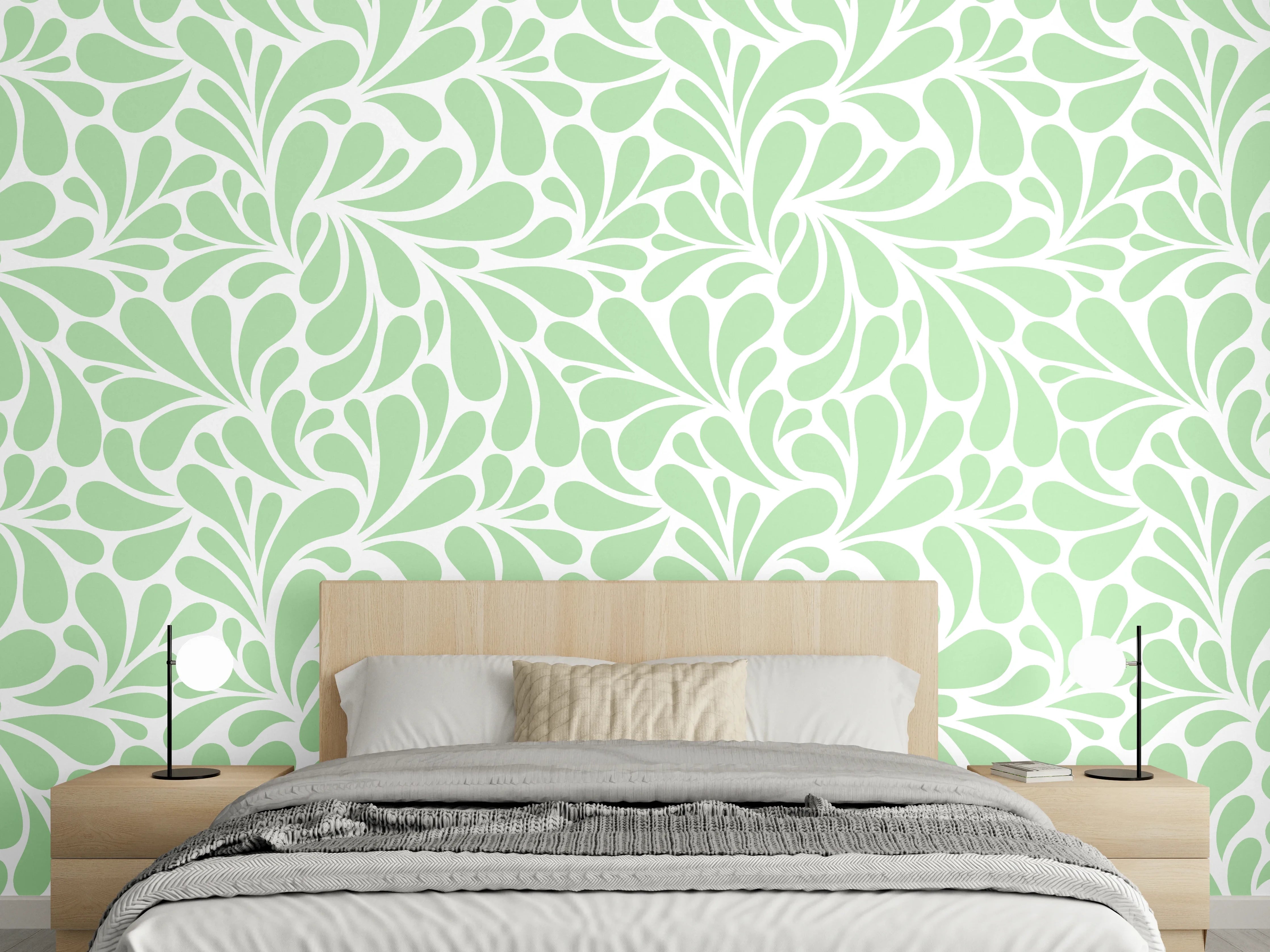 Wandverkleidung Schlafzimmer - Florales Muster in sanftem Grünweiß