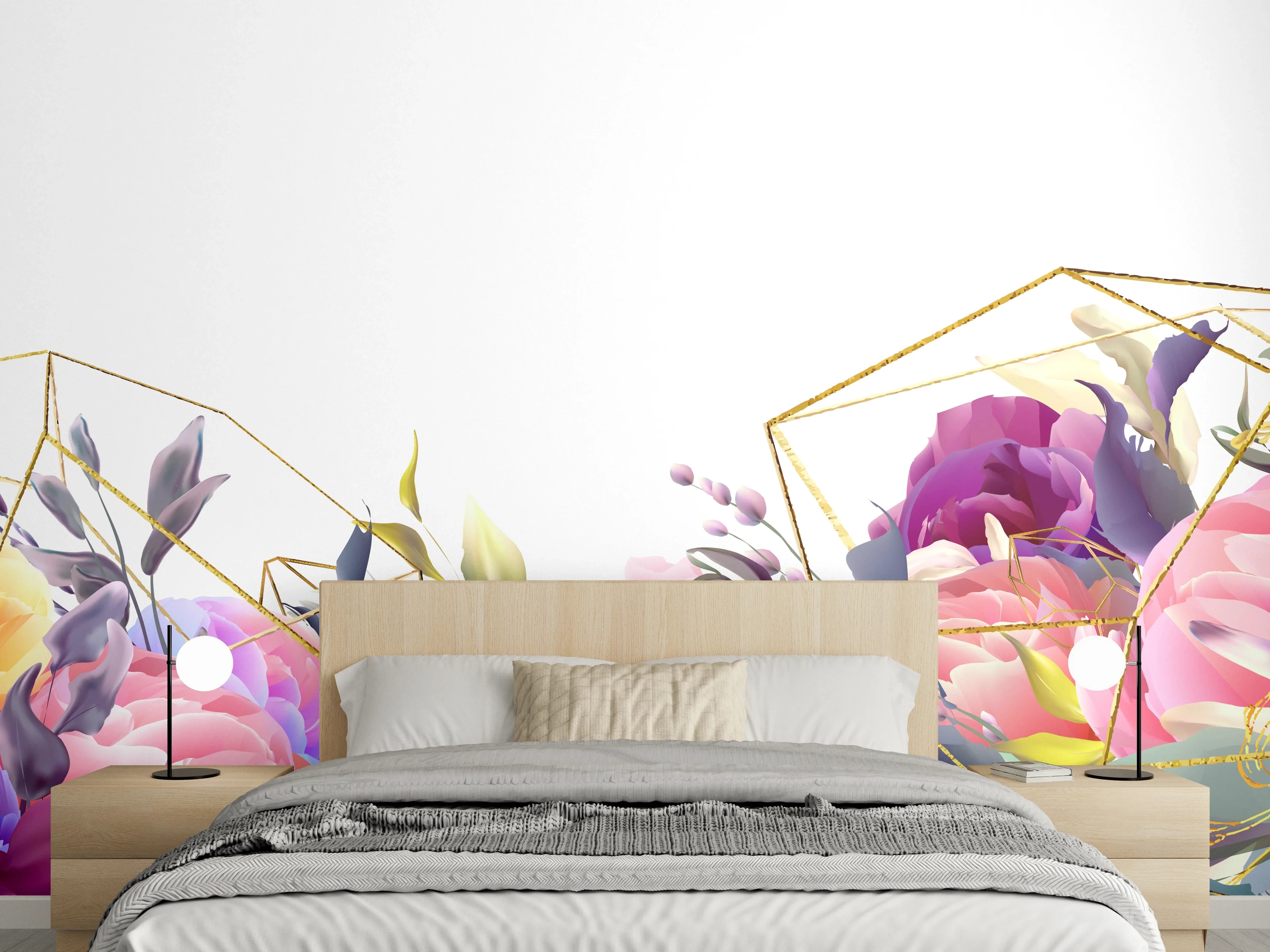 Wandverkleidung Schlafzimmer - Florales Muster mit Goldakzenten