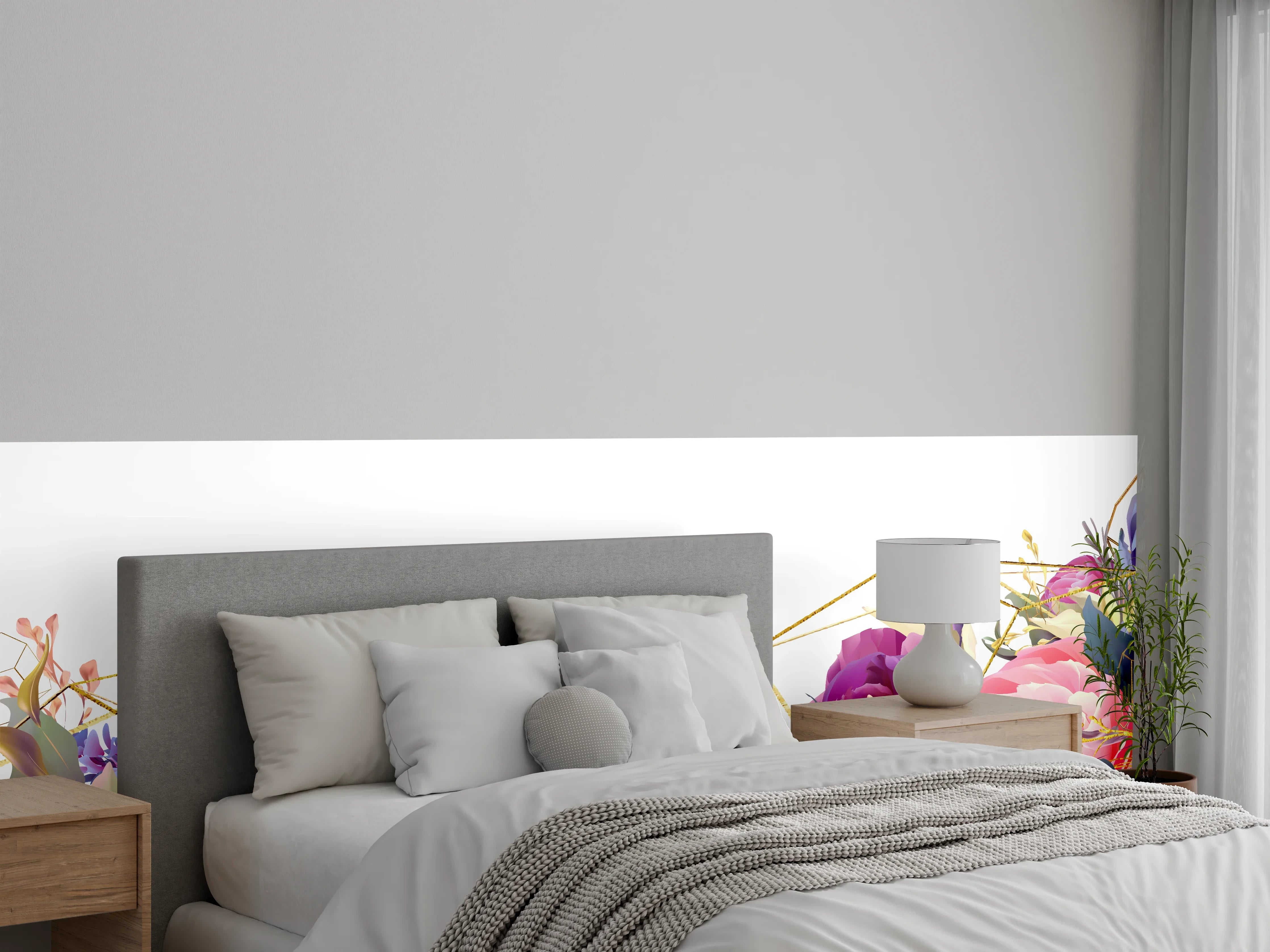 Wandverkleidung Schlafzimmer - Florales Muster mit Goldakzenten