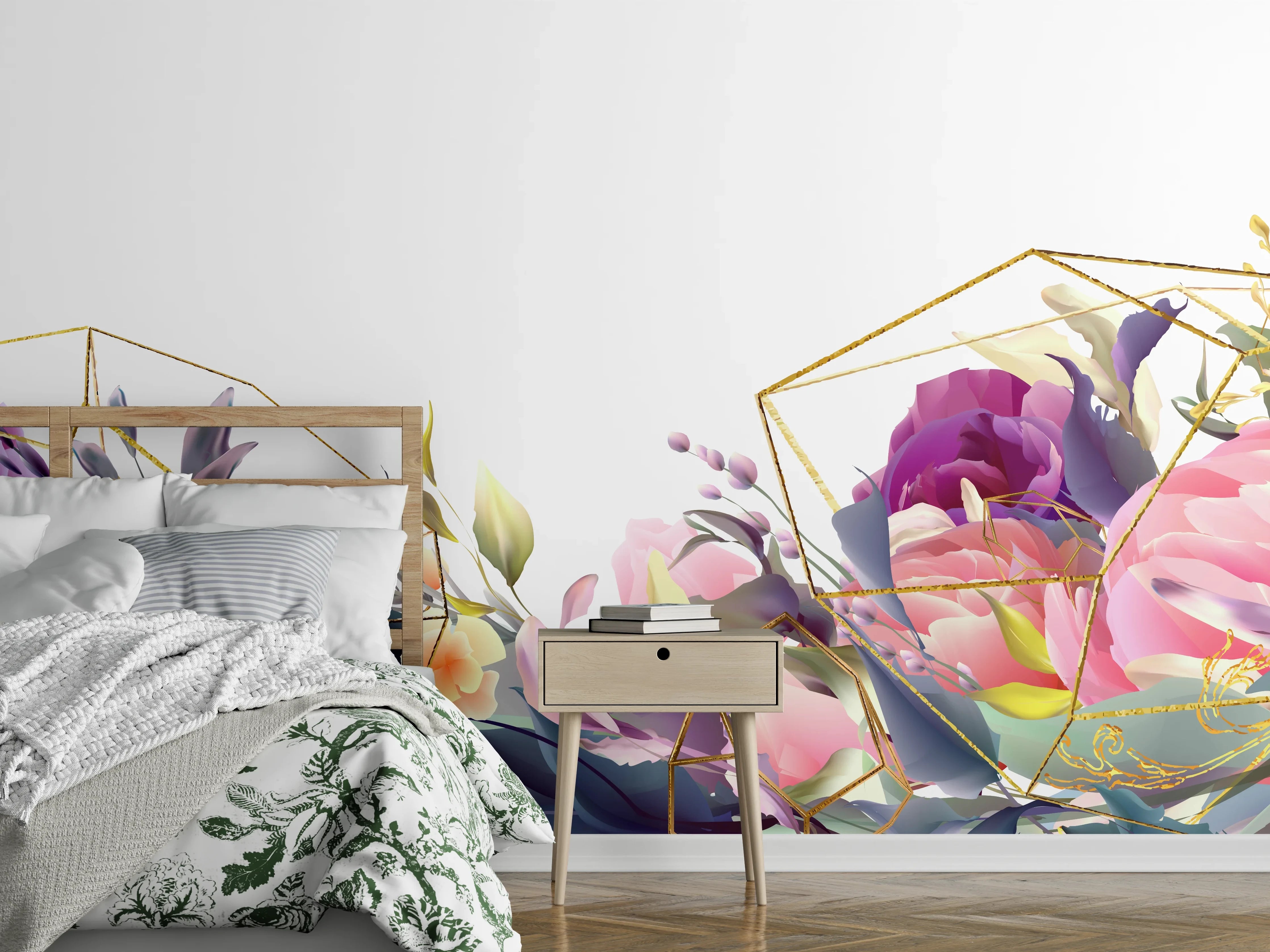 Wandverkleidung Schlafzimmer - Florales Muster mit Goldakzenten