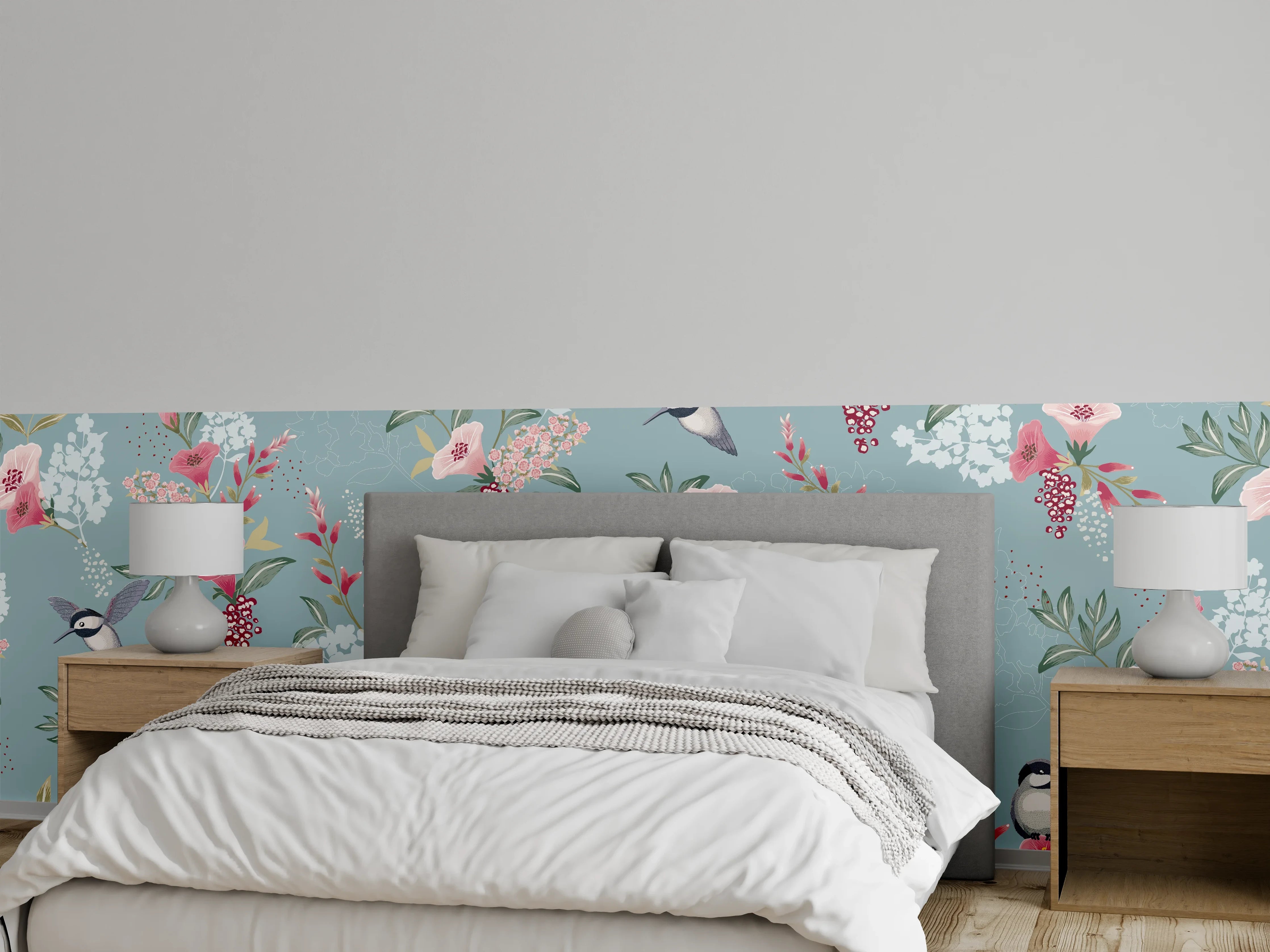 Wandverkleidung Schlafzimmer - Florales Muster mit Vögeln Pastell