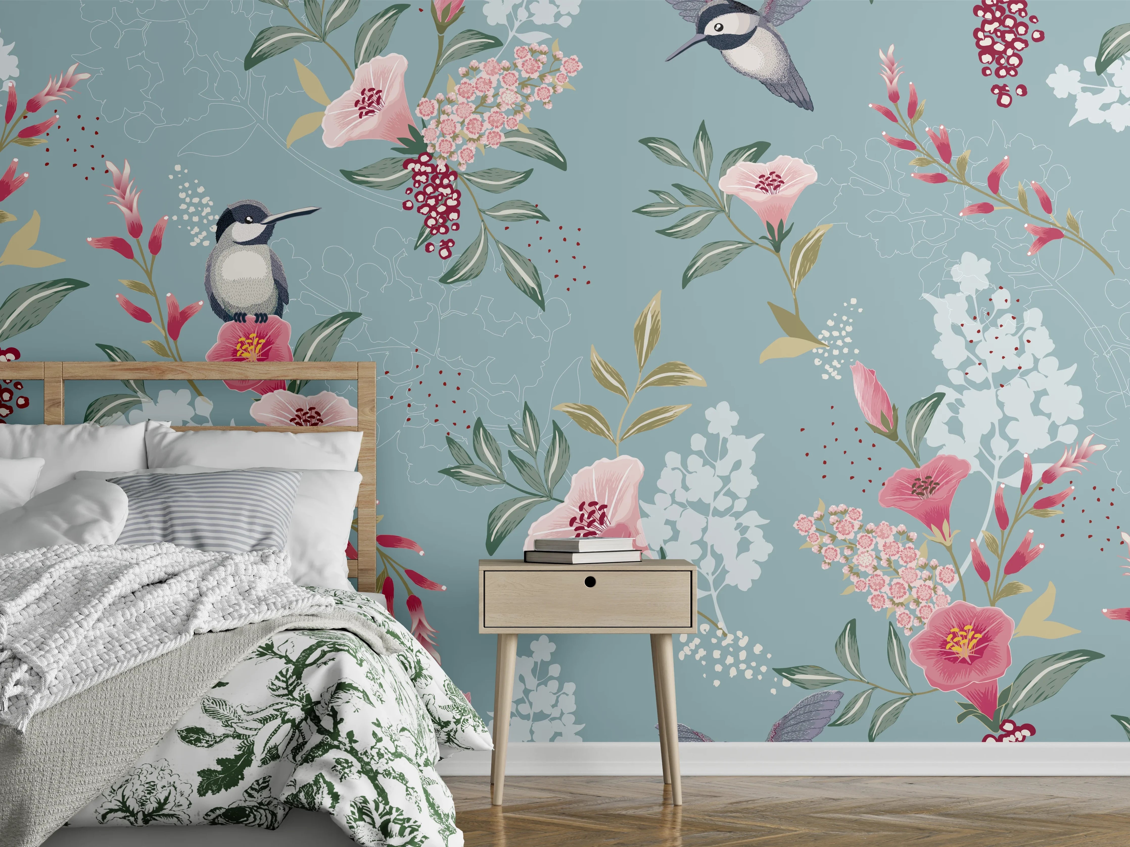 Wandverkleidung Schlafzimmer - Florales Muster mit Vögeln Pastell
