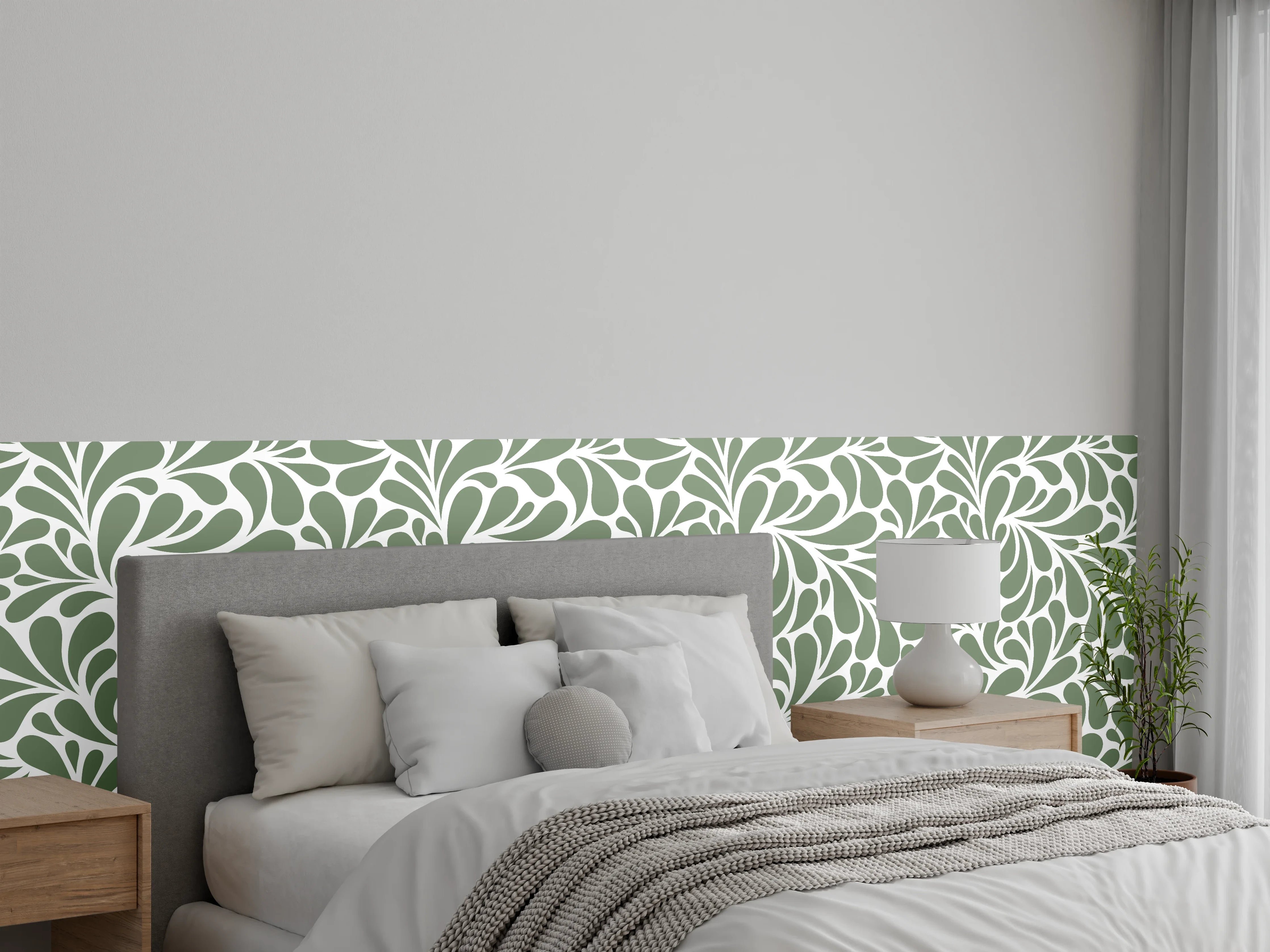 Wandverkleidung Schlafzimmer - Florales Ornament Ockergrün Weiß Muster