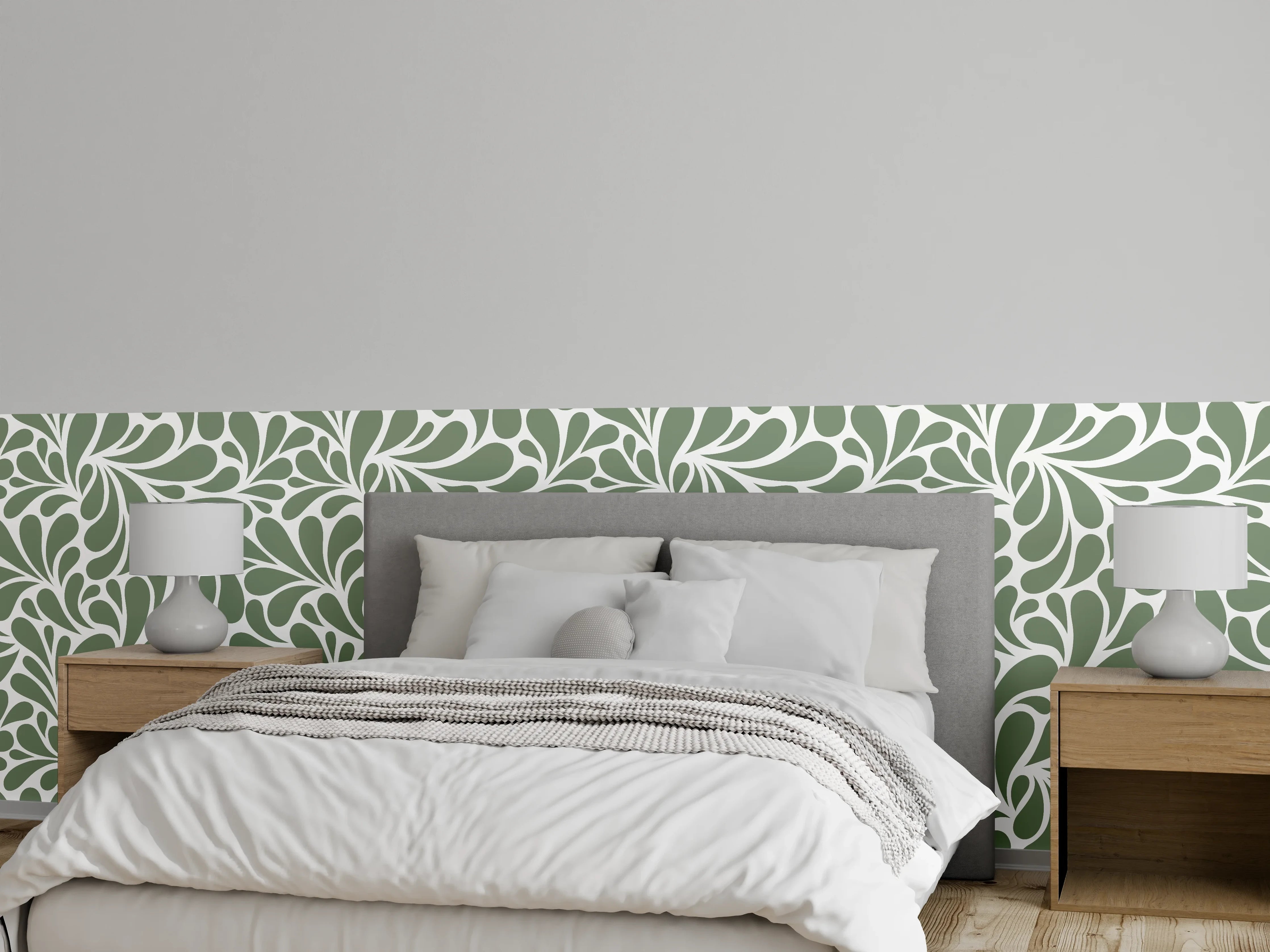 Wandverkleidung Schlafzimmer - Florales Ornament Ockergrün Weiß Muster