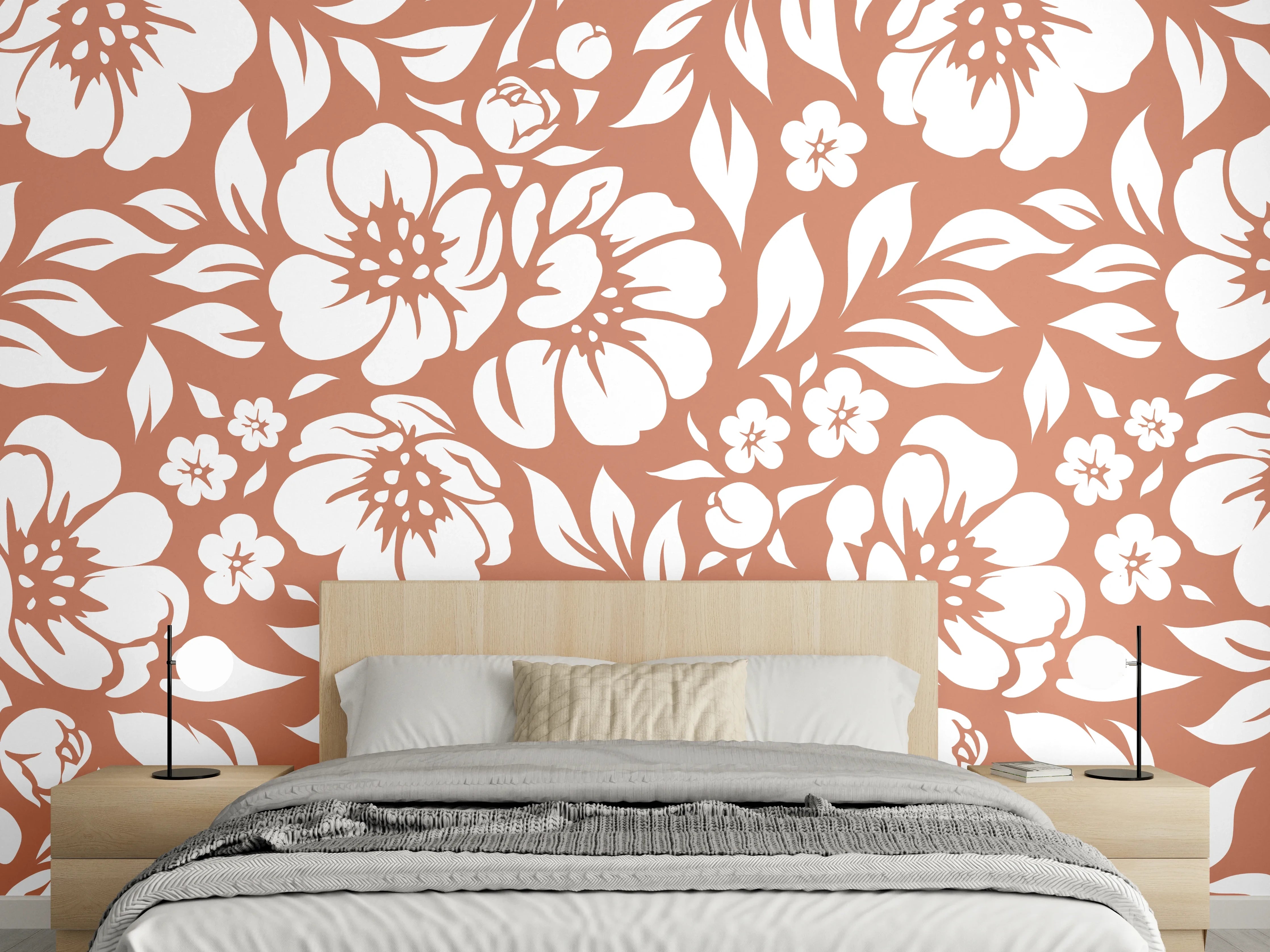 Wandverkleidung Schlafzimmer - Florales Ornamentmuster in Weiß auf Terracotta