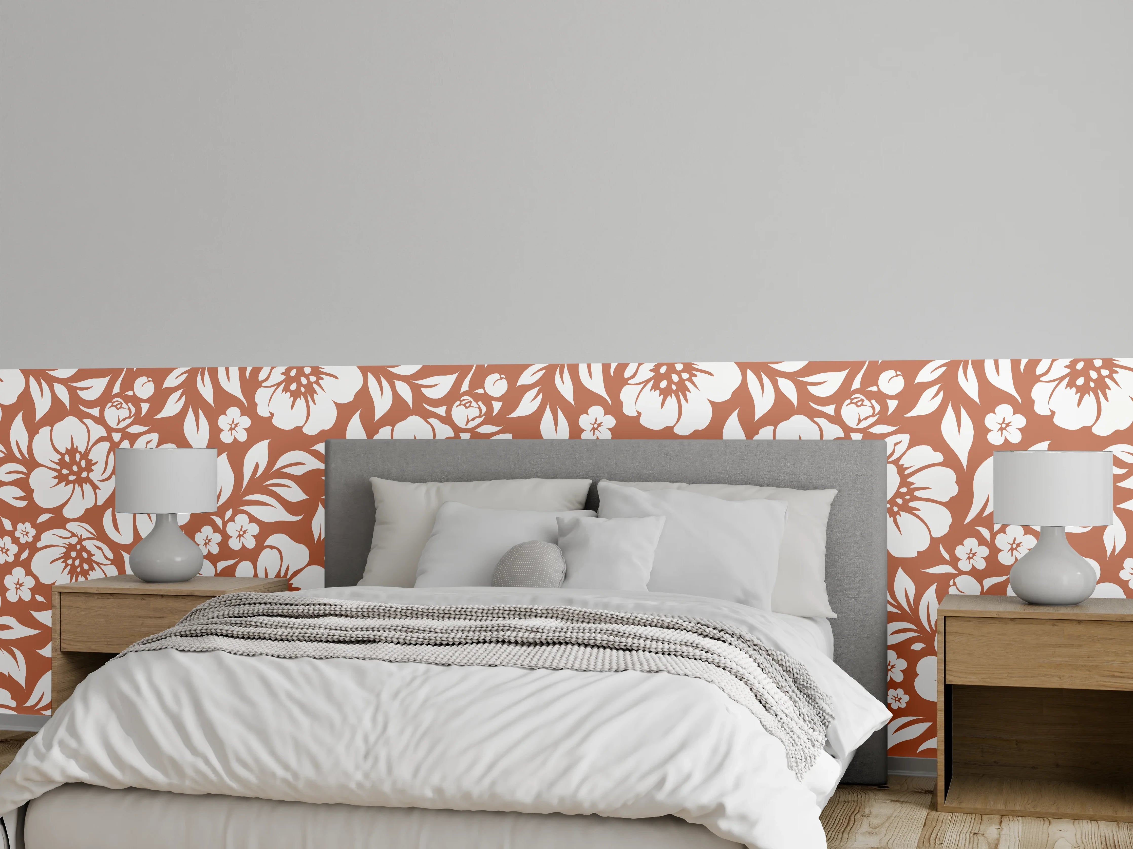 Wandverkleidung Schlafzimmer - Florales Ornamentmuster in Weiß auf Terracotta